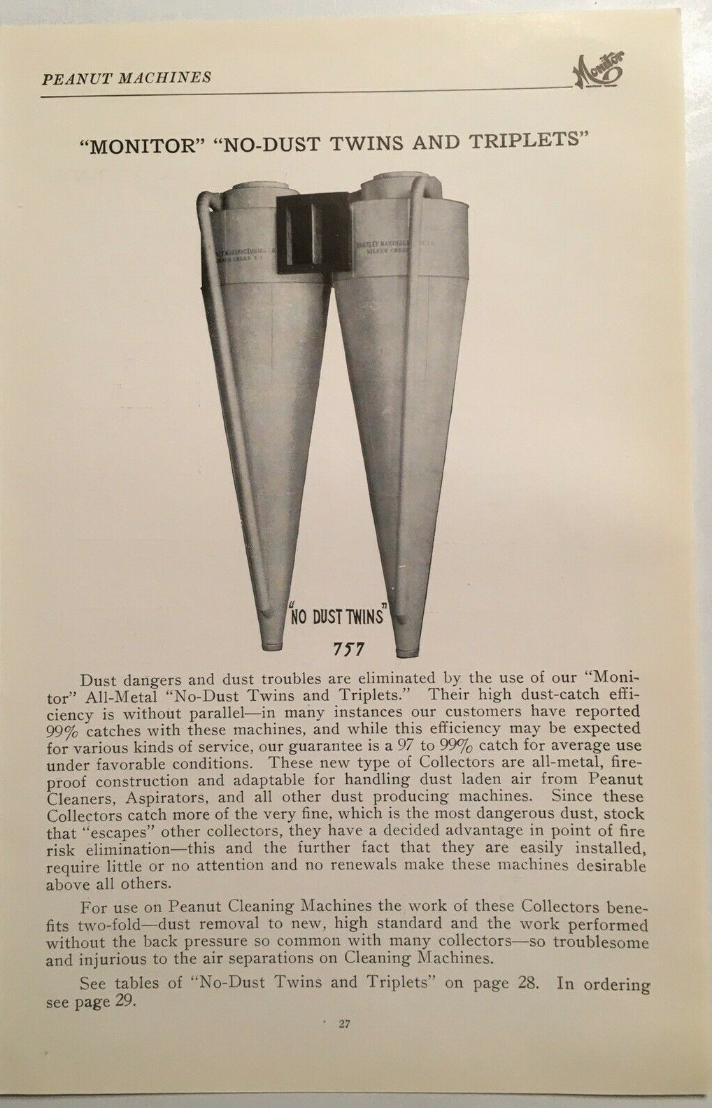 Vintage ORIGINAL 1920 Industrial Machine Ad for Monitor « No Dust Twins »