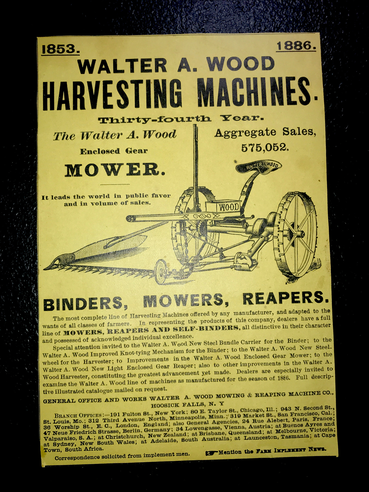 1886 Wood Machine Implements Farm Advertising – Hoosick Falls – New York