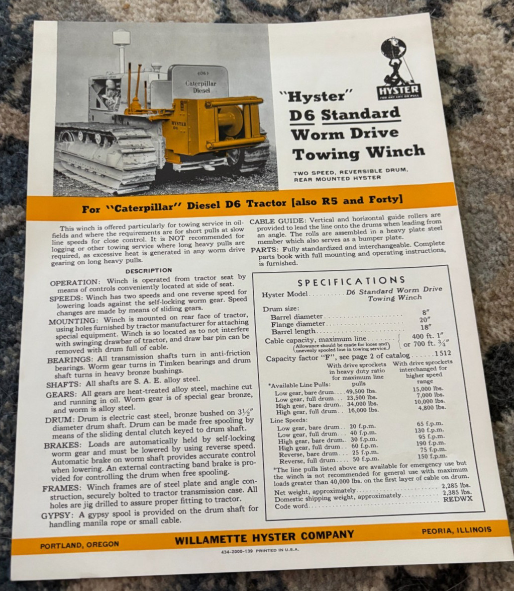 Hyster D6 Standard Worm Drive Towing Wench Caterpillar Tractor Brochure DCPA25
