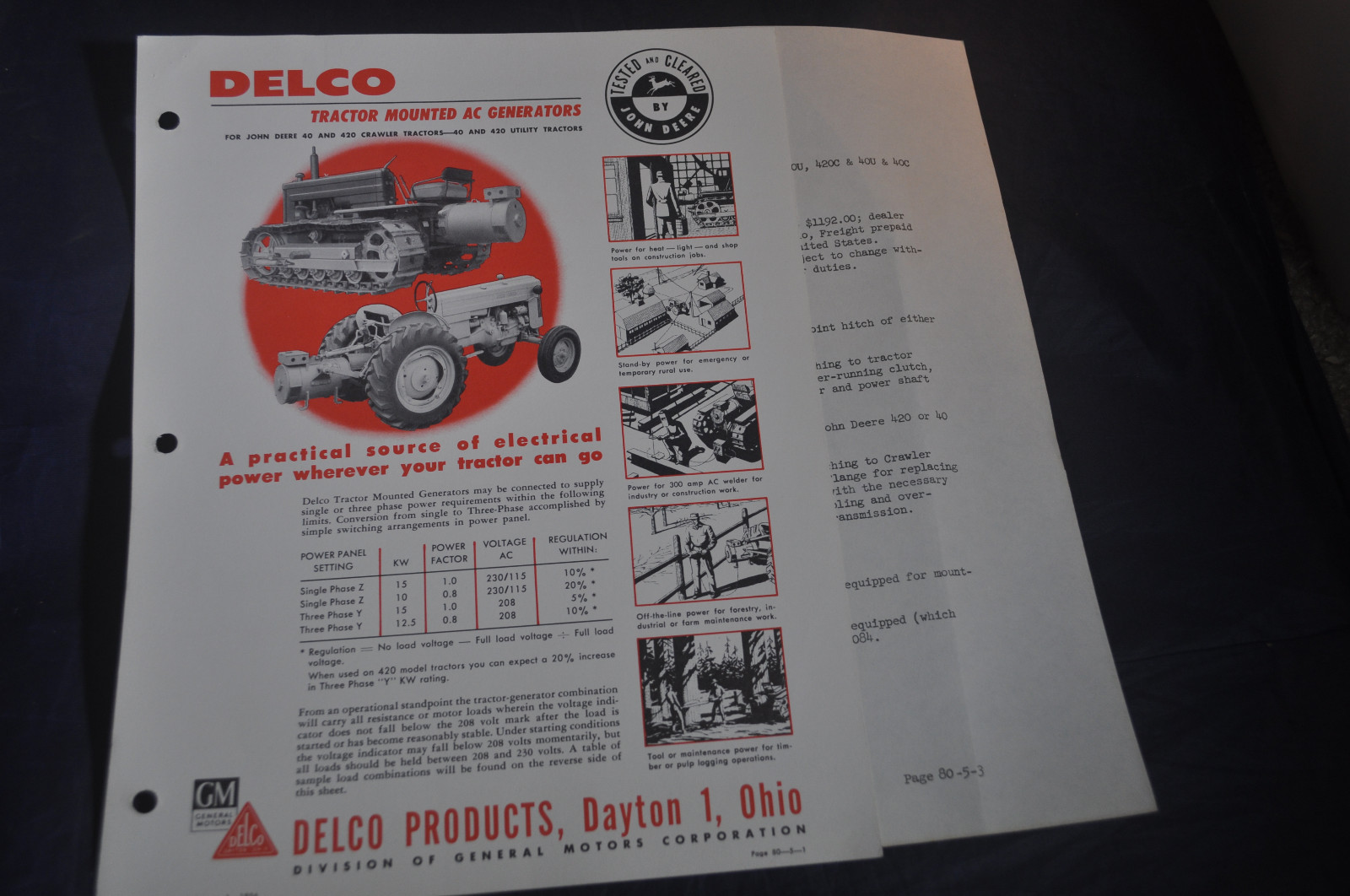 1956 Delco Tractor Mounted AC Generator Brochure Dayton Ohio