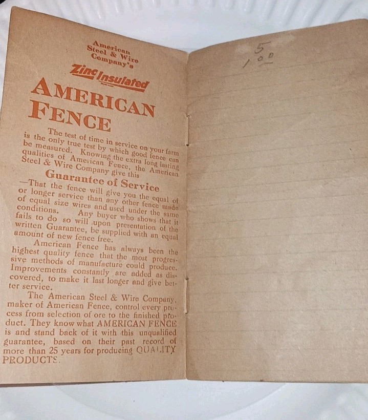 1928 American Fence Memorandum Book Calendar Unused Advertising Farm