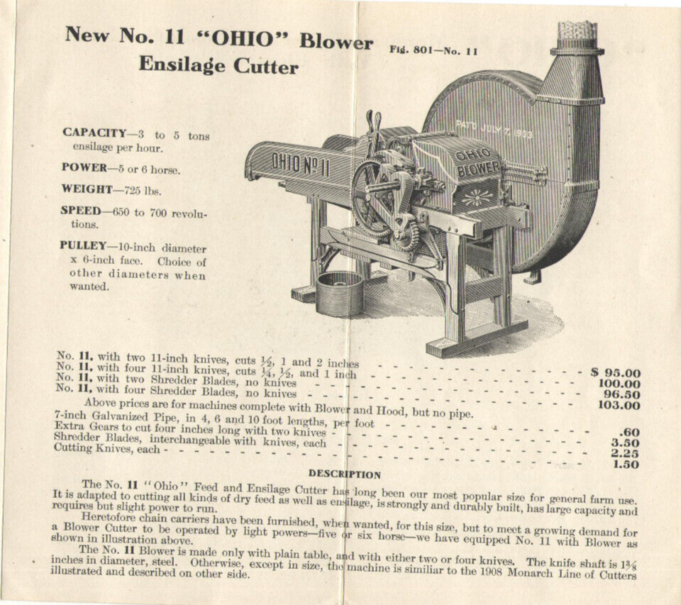 1909 OHIO FEED & ENSILAGE CUTTERS, FODDER SHREDDERS, BLOWER & ELEVATORS BROCHURE