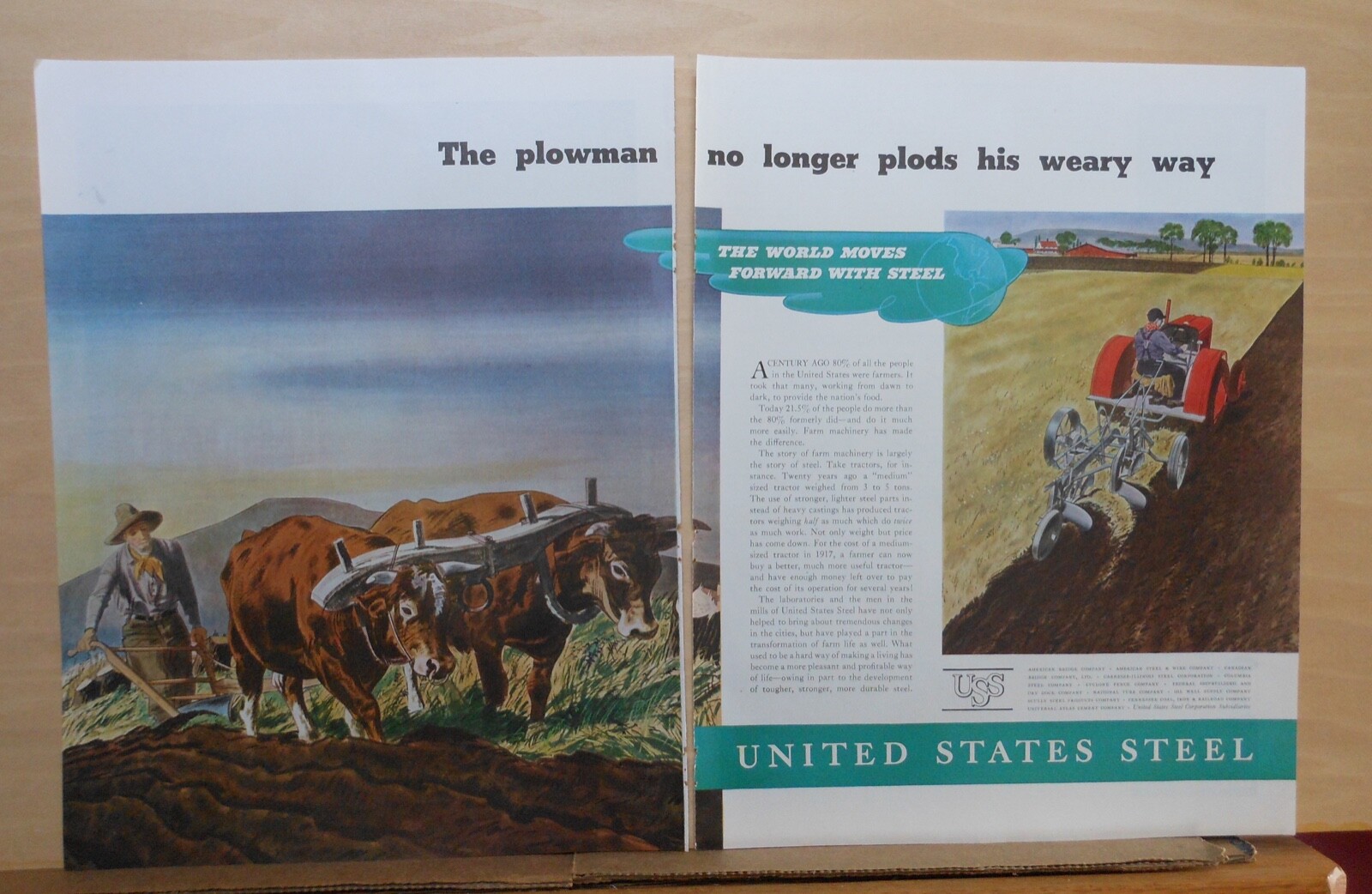 1937 two page magazine ad for US Steel – from plowman with oxen to tractor