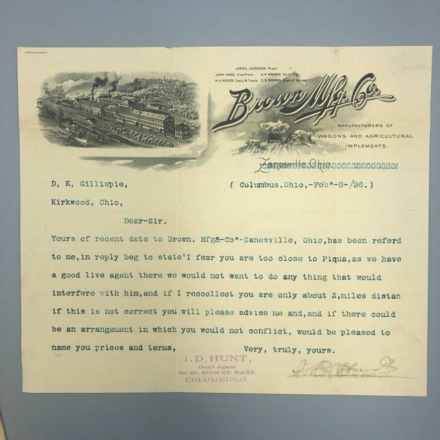 1896 BROWN Mfg WAGONS Plow FARM Illustrated Postal Cover Letterhead Advertising