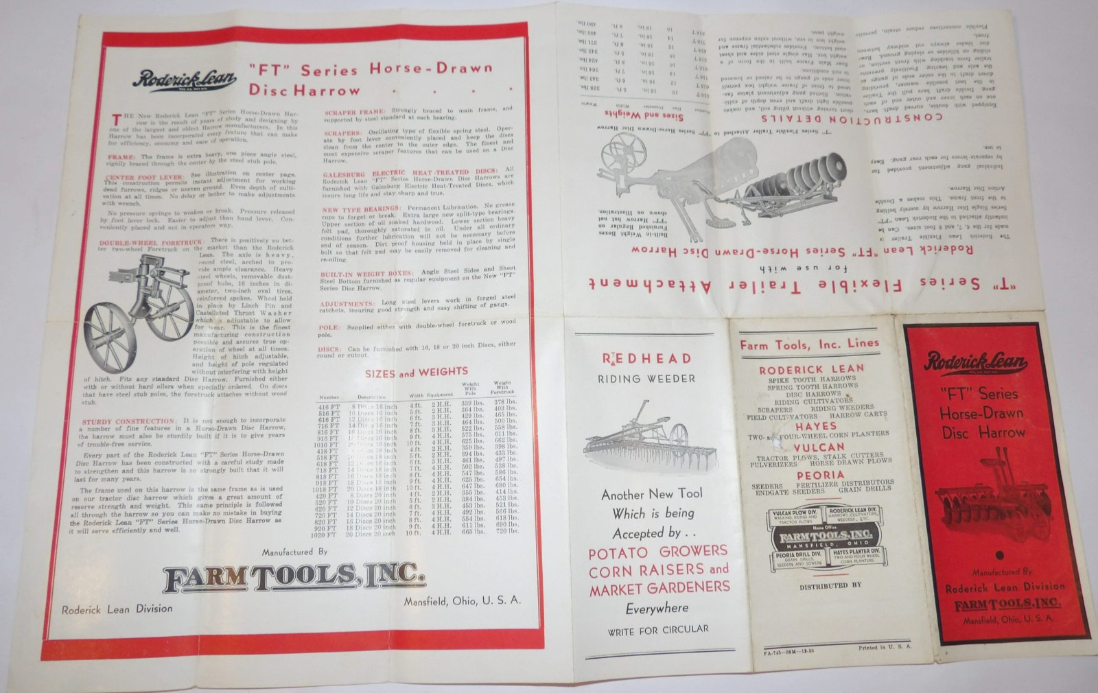 VTG 1938 RODERICK LEAN DISC HARROW ADVERTISING POSTER/BROCHURE! MANSFIELD, OH!