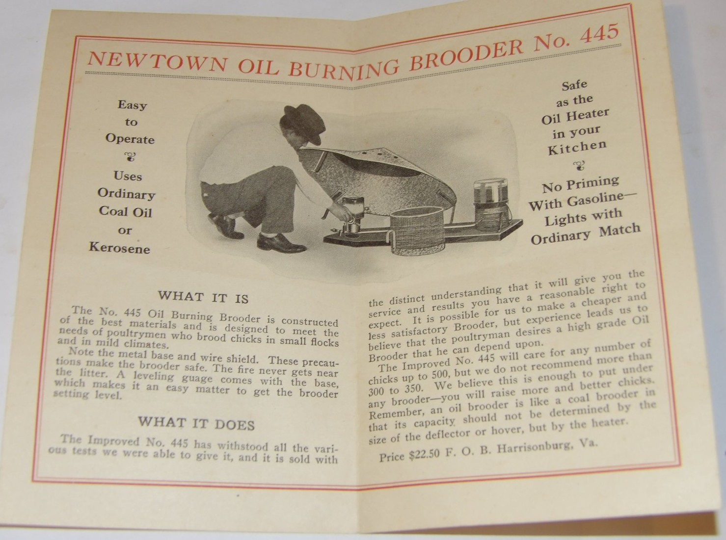 VINTAGE 1925 NEWTOWN OIL LAMP-HEATED INCUBATORS BROCHURES! 4 PCS/HARRISONBURG,VA