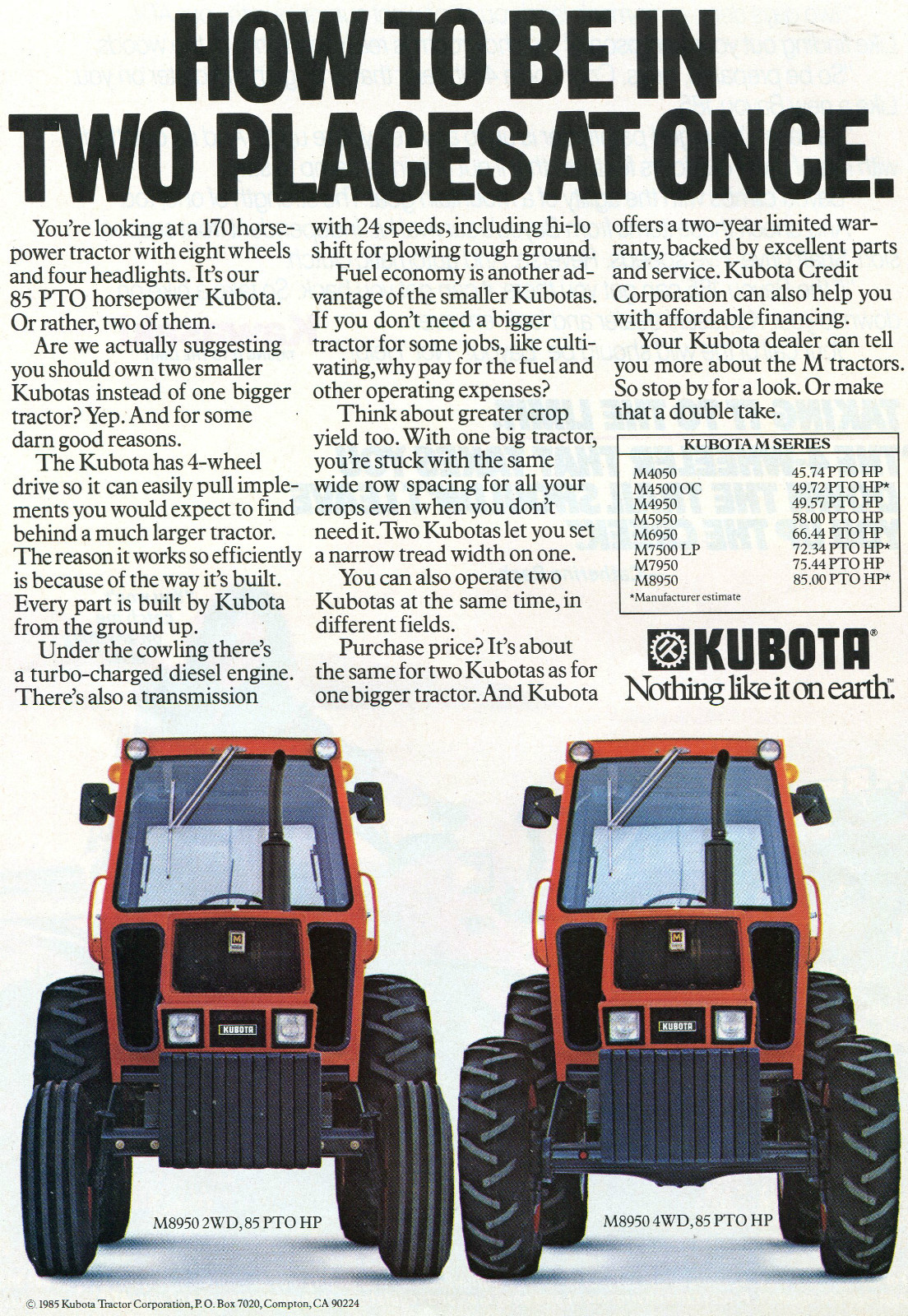 1985 Print Ad of Kubota M8950 2WD & 4WD Farm Tractor