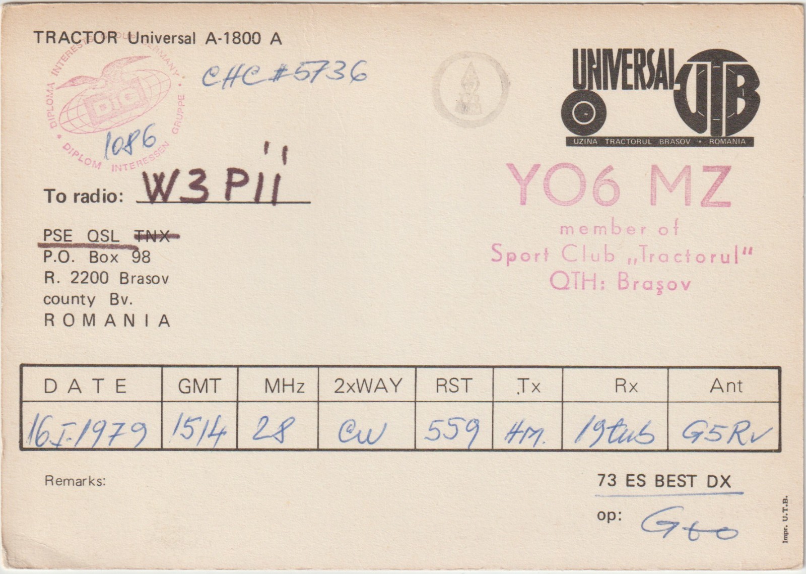 1979 YO6MZ Brașov, Romania QSO/QSL Radio Postcard UNIVERSAL Tractor A1800A