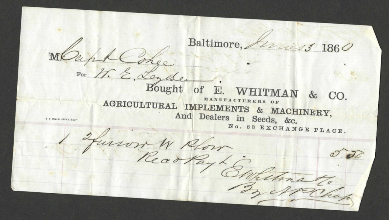 1860 Invoice E Whitman Agricultural Implements Farm Machinery Seeds Baltimore MD