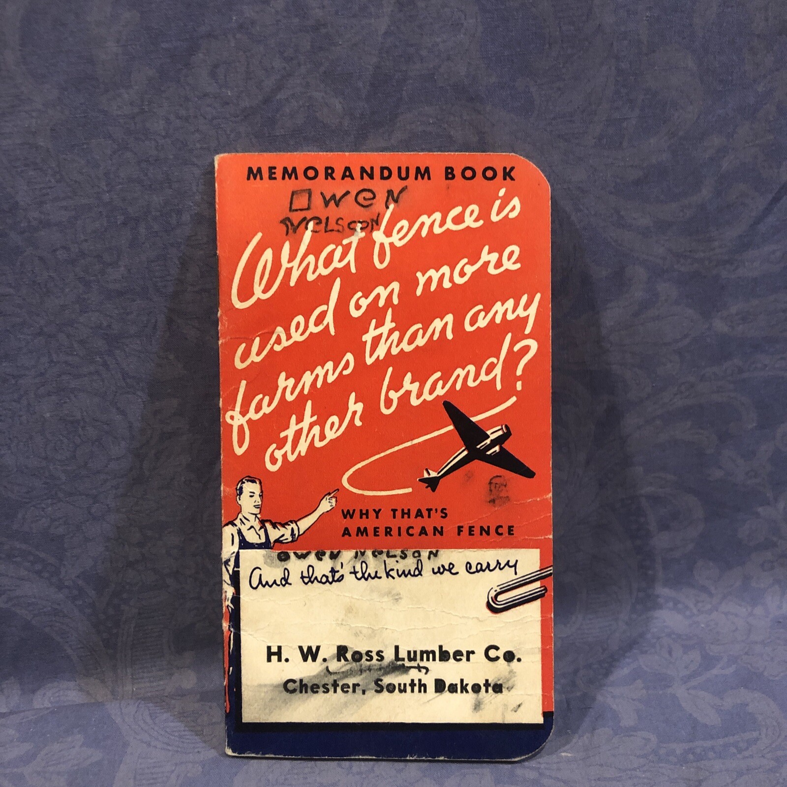 American Fence Memorandum Book From HW Ross Lumber Co, Chester SD 1940