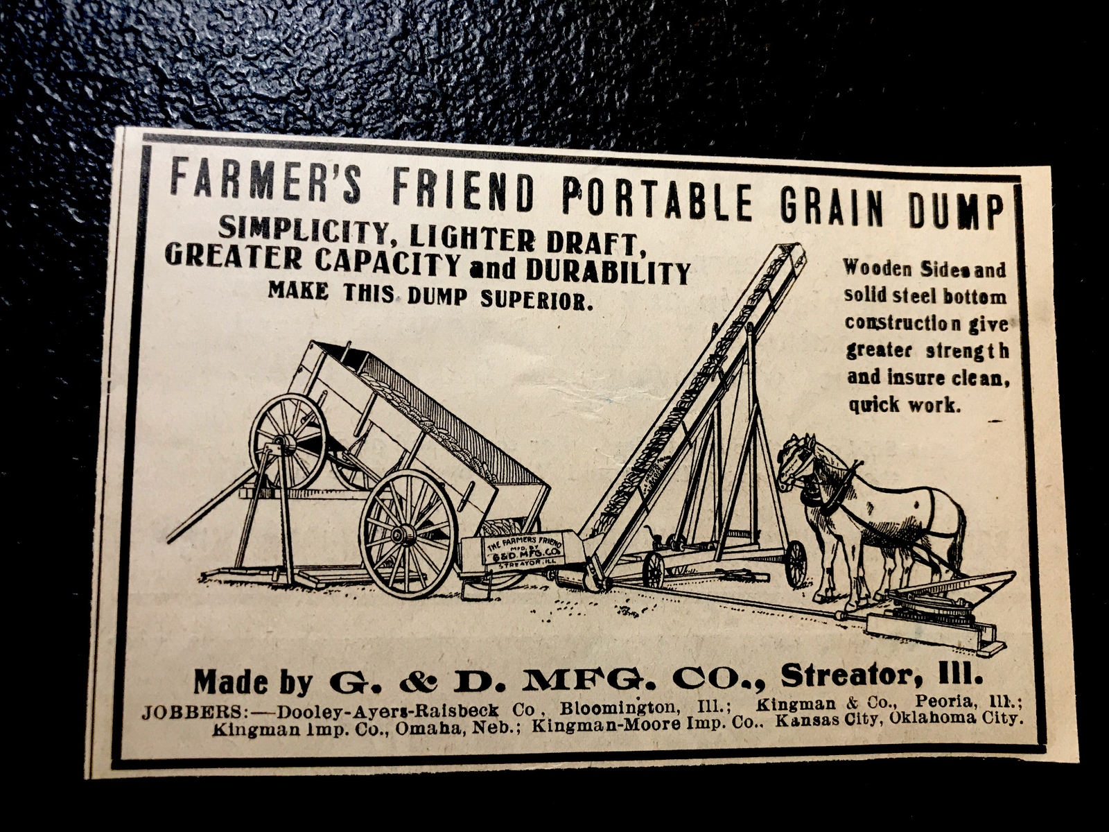 ORIGINAL 1907 Farmer’s Friend Grain Dump Farm Advertising – Streator – Illinois
