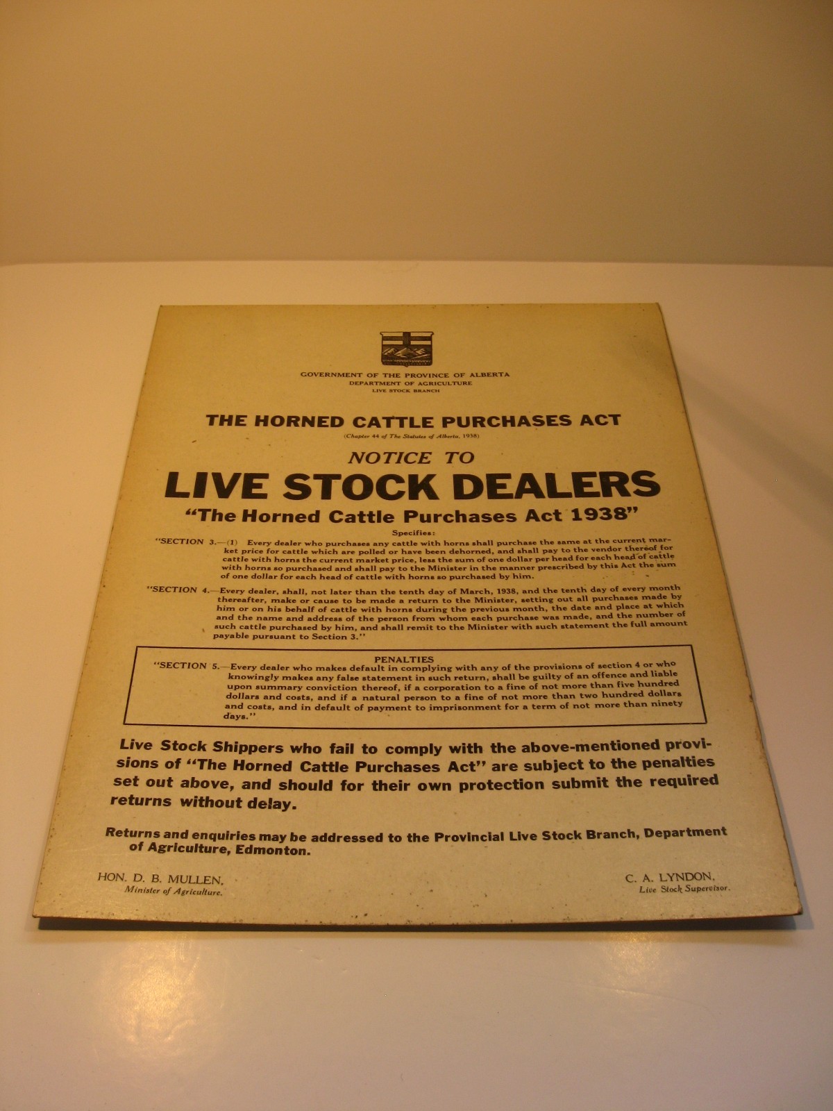 Horned Cattle Purchases Act 1938 Cardboard Sign Alberta Live Stock