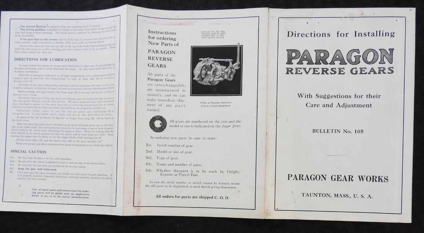 c.1913-1915 Paragon Gear Works « Reverse Gears » Installation Manual Taunton MA