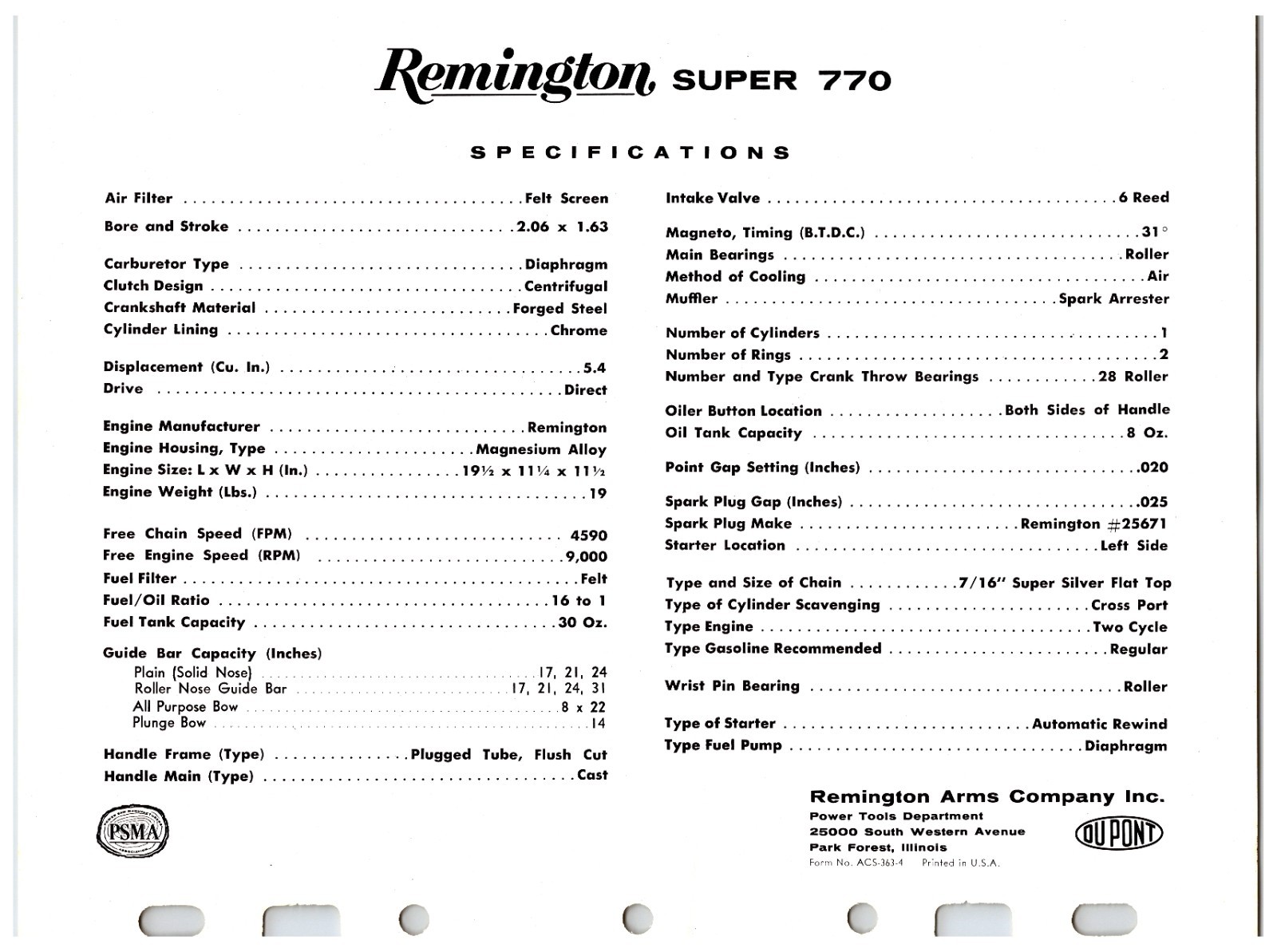 Vintage Original Remington Chainsaws Sales Sheet (Model – Super 770) Info Sheet