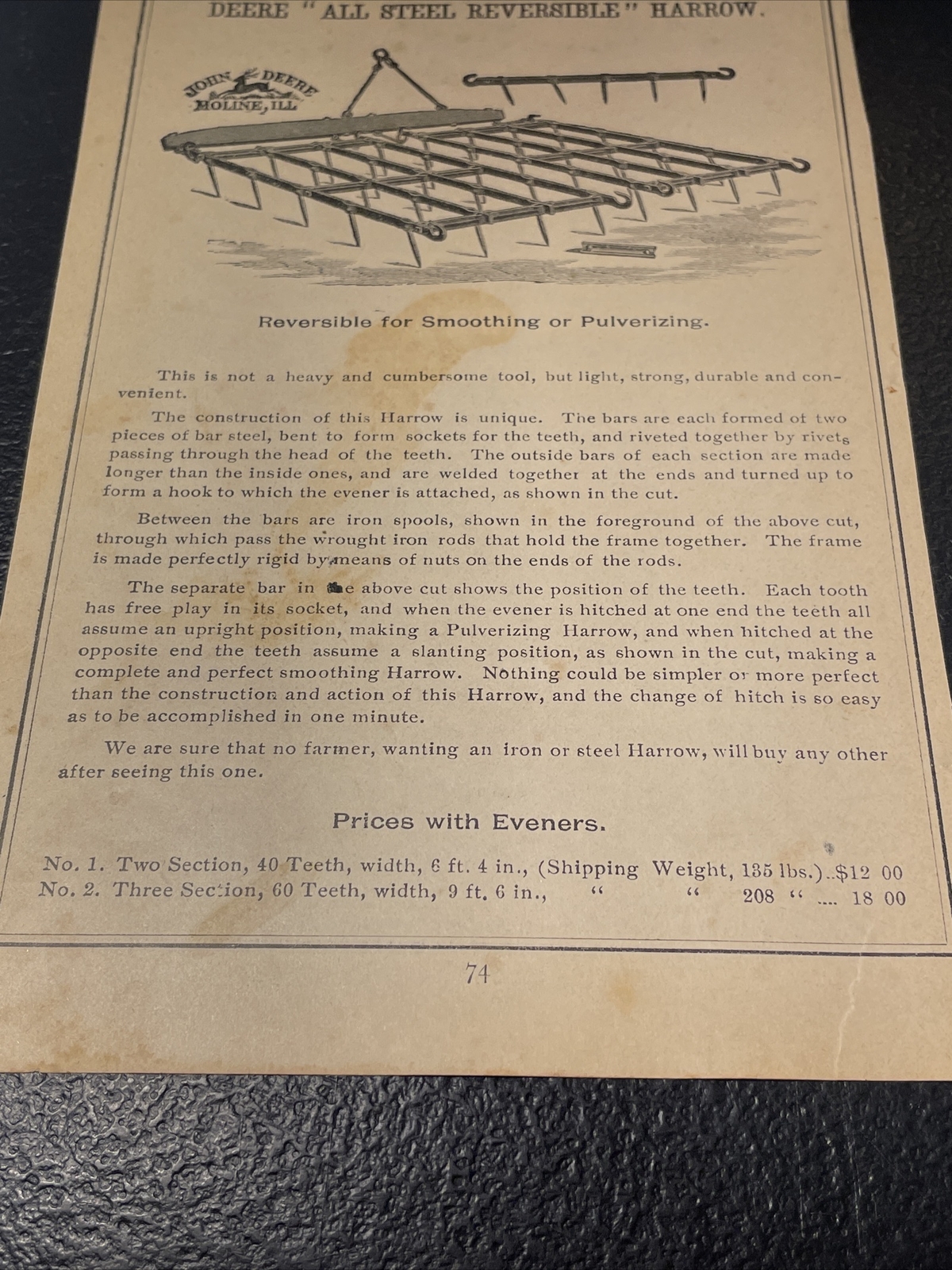 1891 Baldwin – John Deere Steel Reversible Harrow Farm Advertising New Orleans