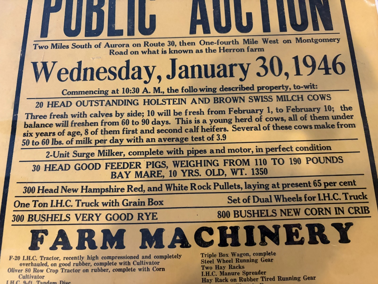 Vintage 1946 Sale Bill Public Auction Sign Paper Farm Machinery Cows Illinois