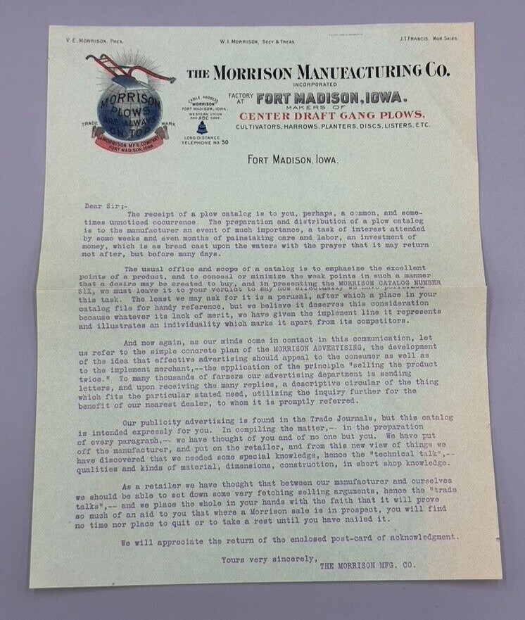 Antique MORRISON PLOWS World Globe FARM Advertising Letter FORT MADISON IOWA
