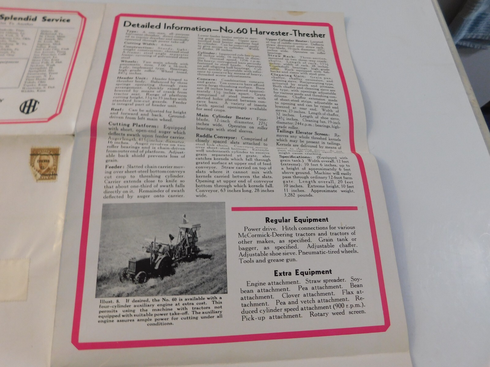1921 McCORMICK DEERING #60 COMBINE HARVESTER THRESHER SALES BROCHURE FOLDOUT VG