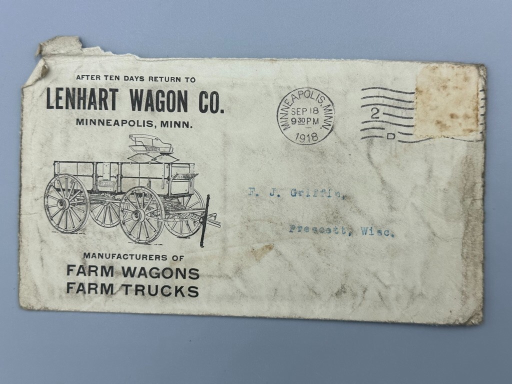 1918 LENHART WAGON Co MINNEAPOLIS Farm Trucks Advertise Illustrated Postal Cover