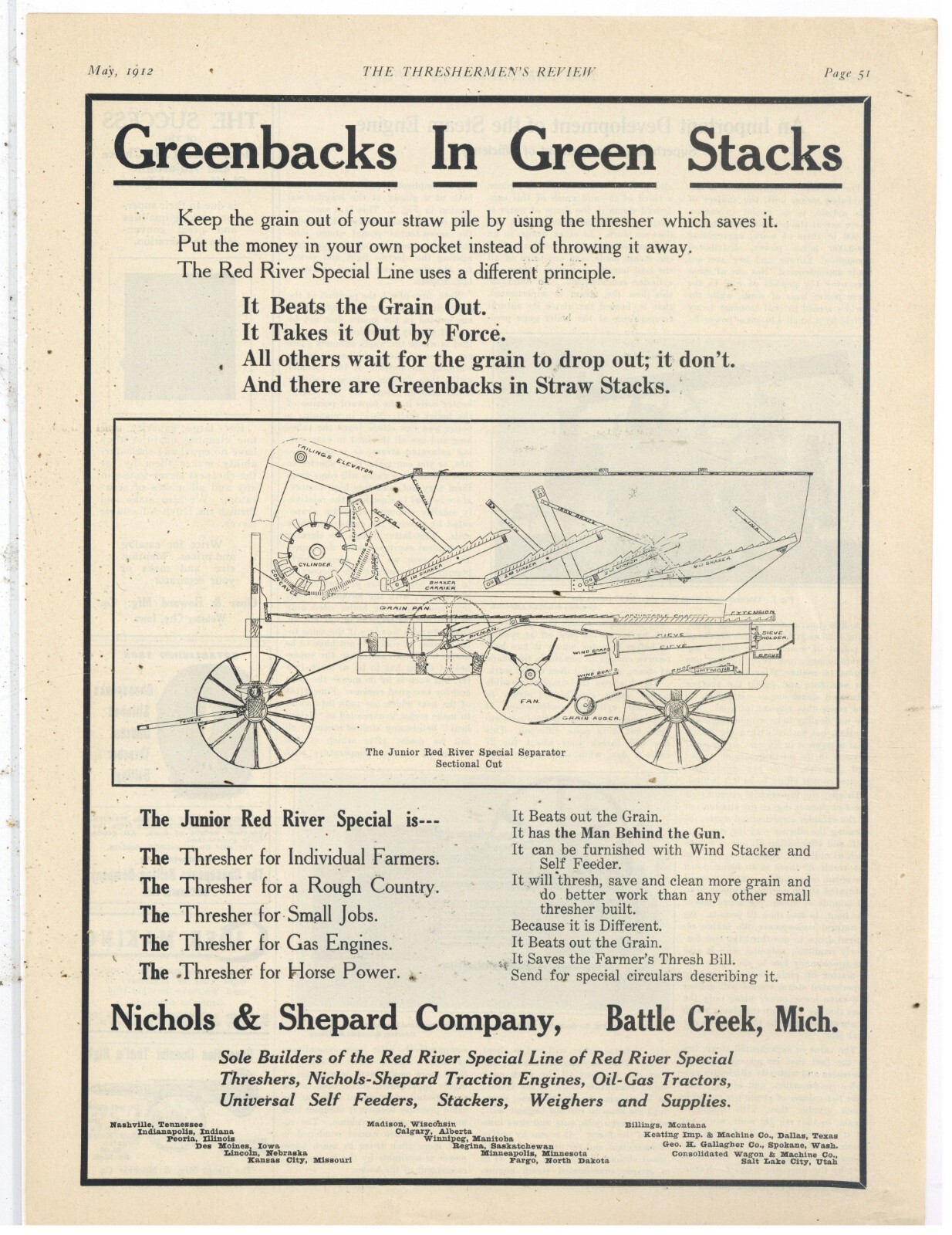 1912 Nichols & Shepard Co. Ad: Red River Special Separator Cutaway View, Diagram