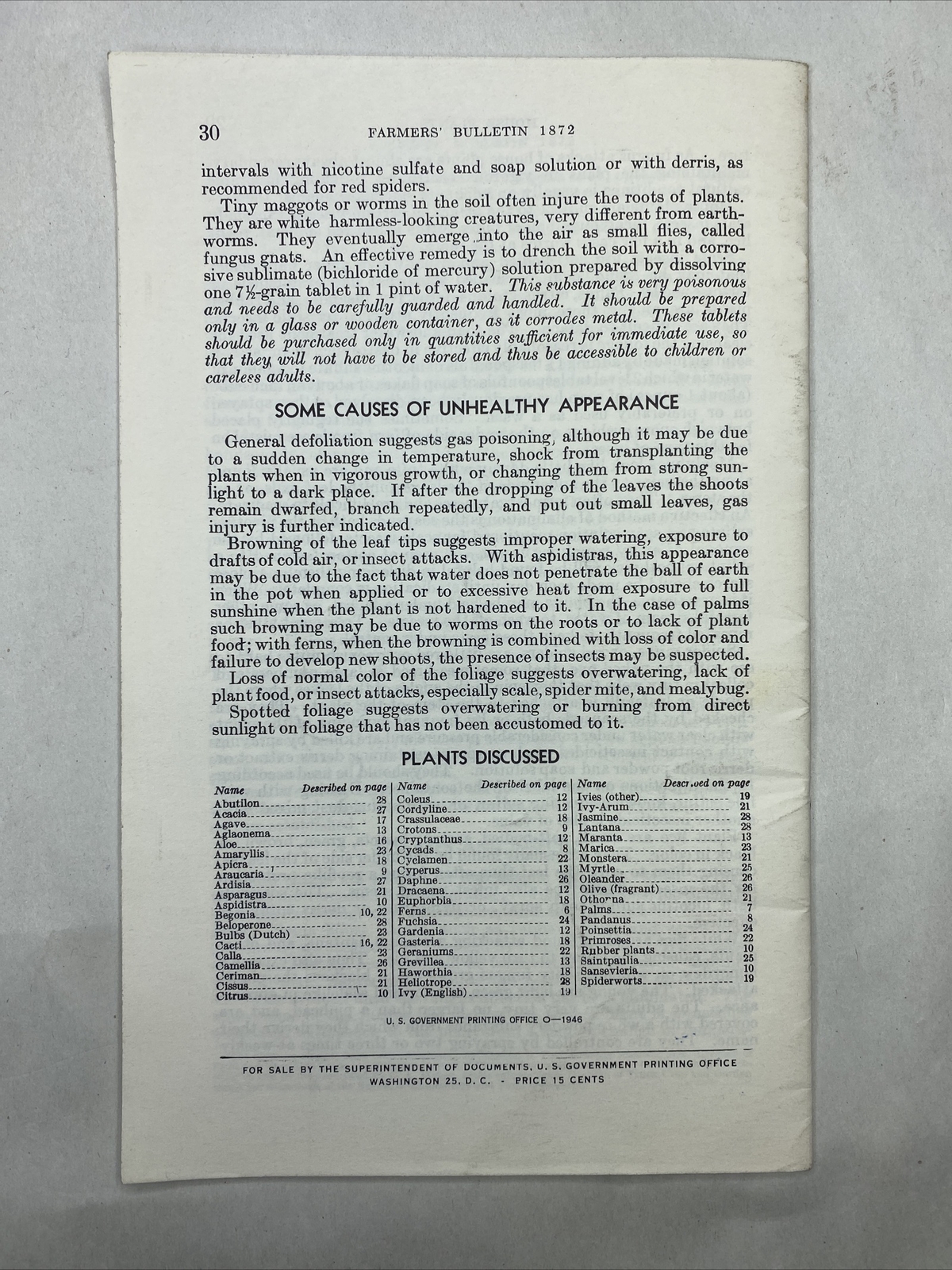 1946 USDA Farmers&rsquo; Bulletin No. 1872 House Plants Furman Lloyd Mulford