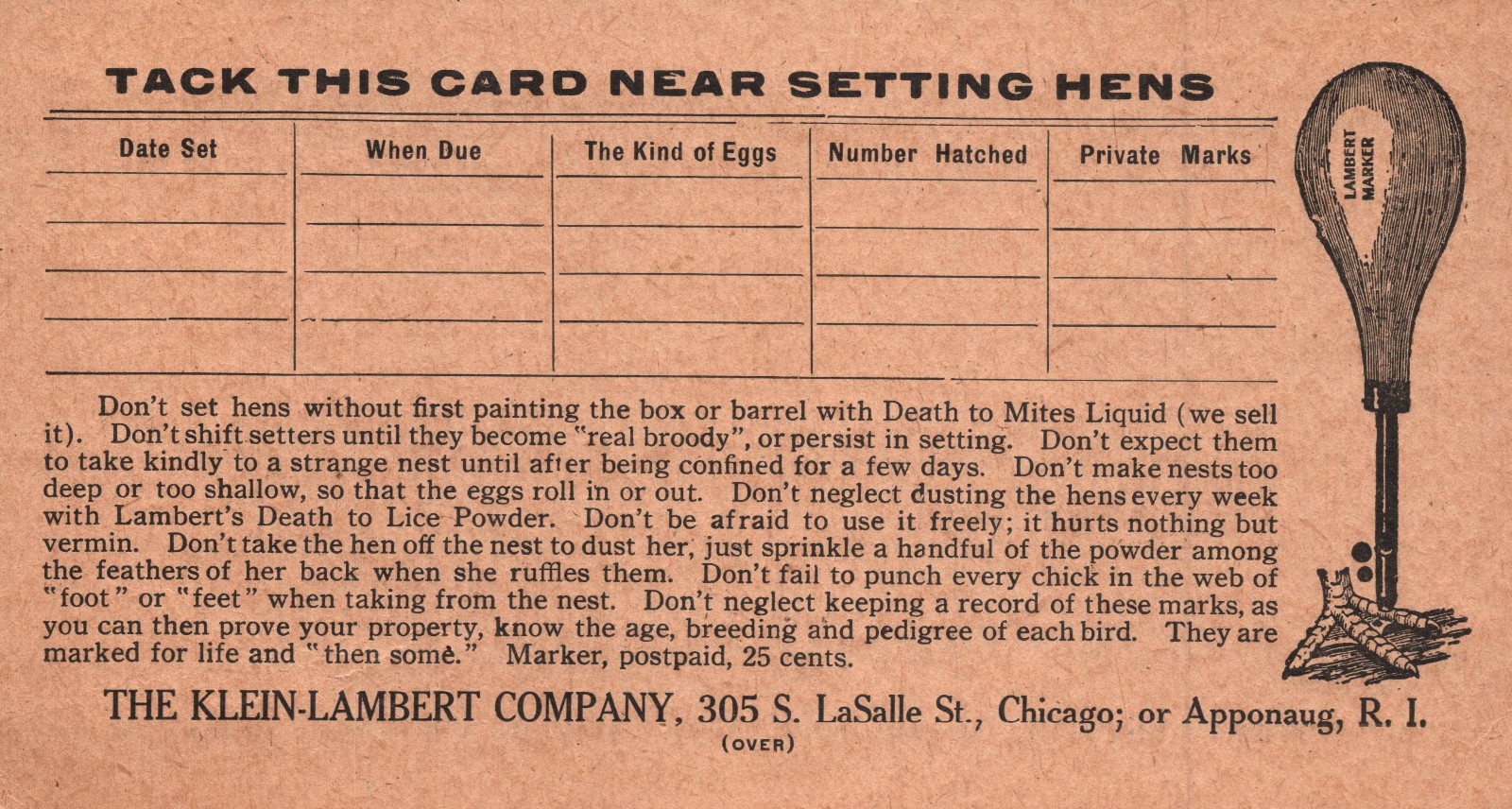 How To Best Set a Hen- Tracking Card- 1890-1920-Klein -Lambert Co. Chicago
