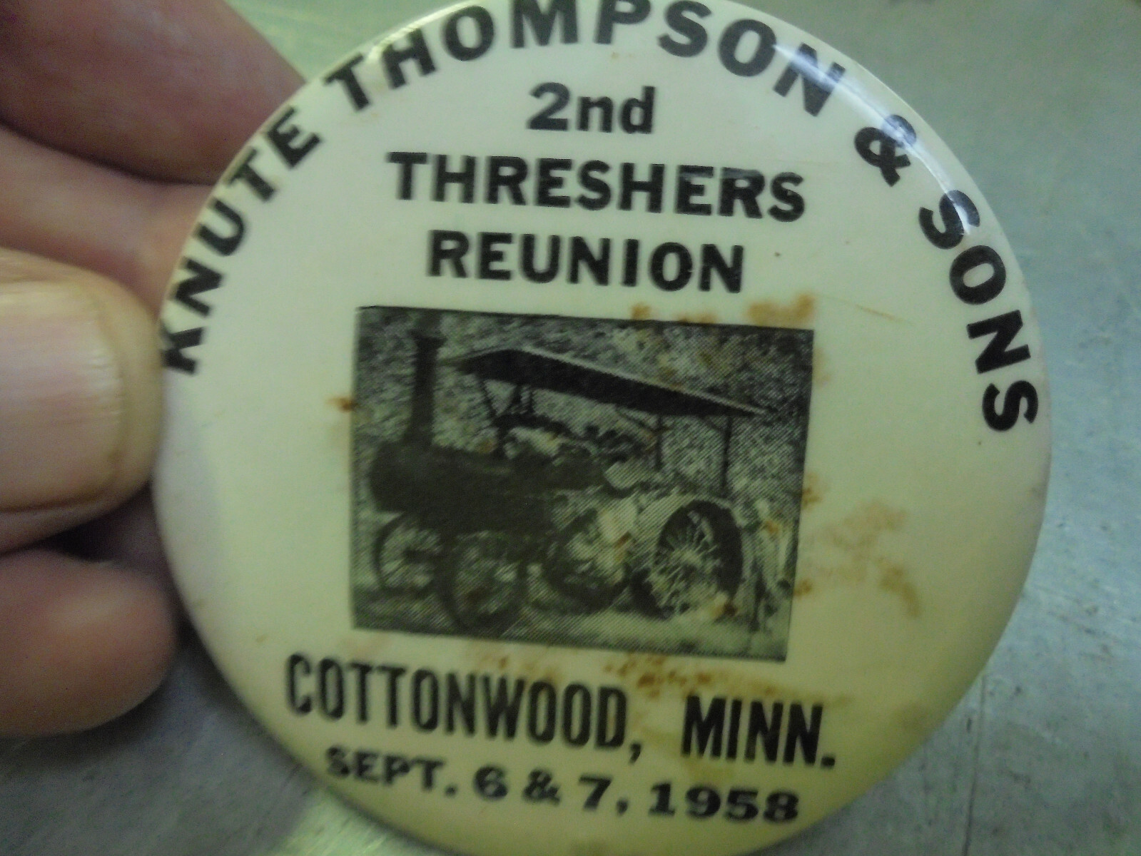 Vintage 1958 Knute Thompson & Sons Threshers Reunion Pin Cottonwood, Minn.