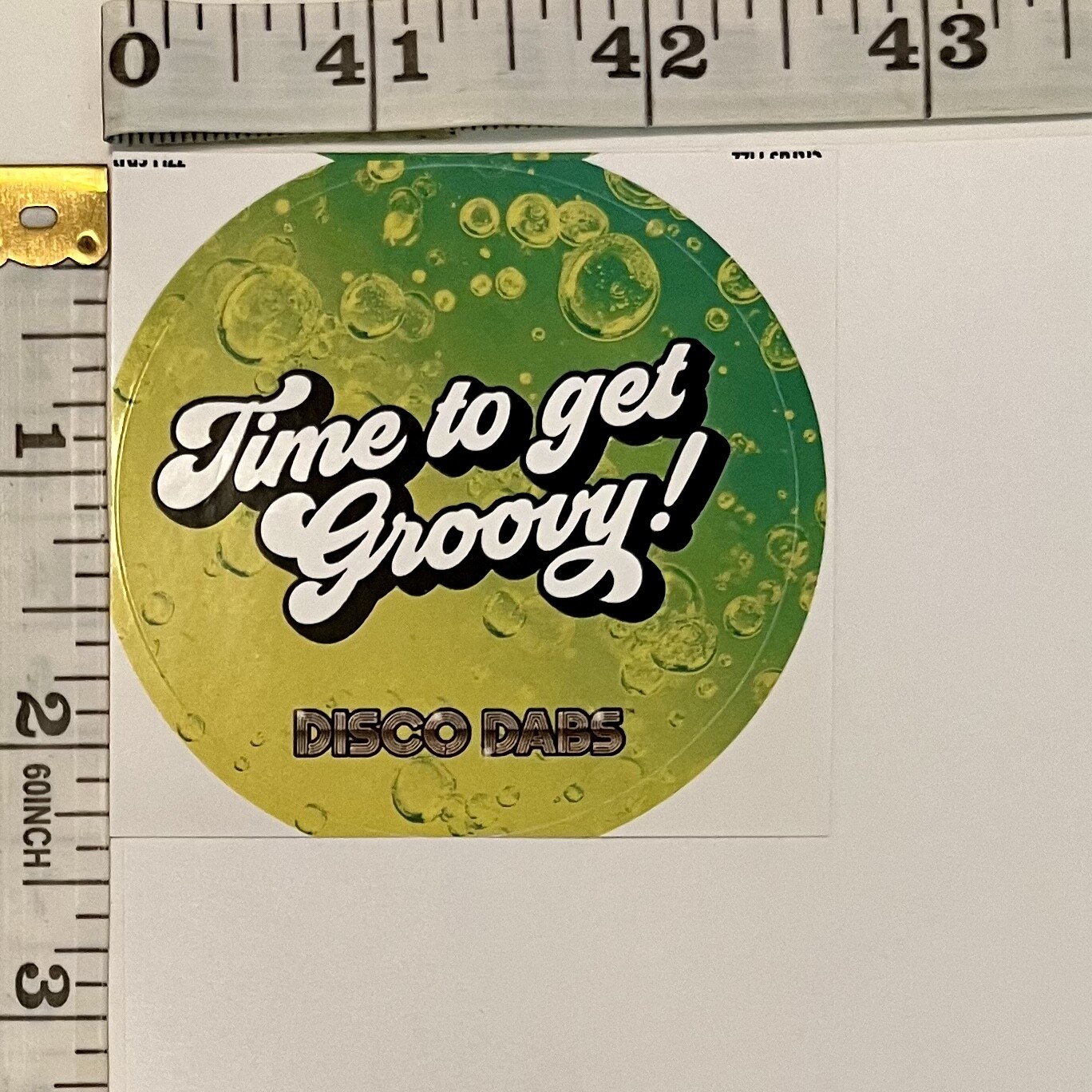 Disco Dabs 2.5&Prime; ROUND GLOSSY PAPER STICKER; OREGON, USA CANNABIS CONCENTRATE AD