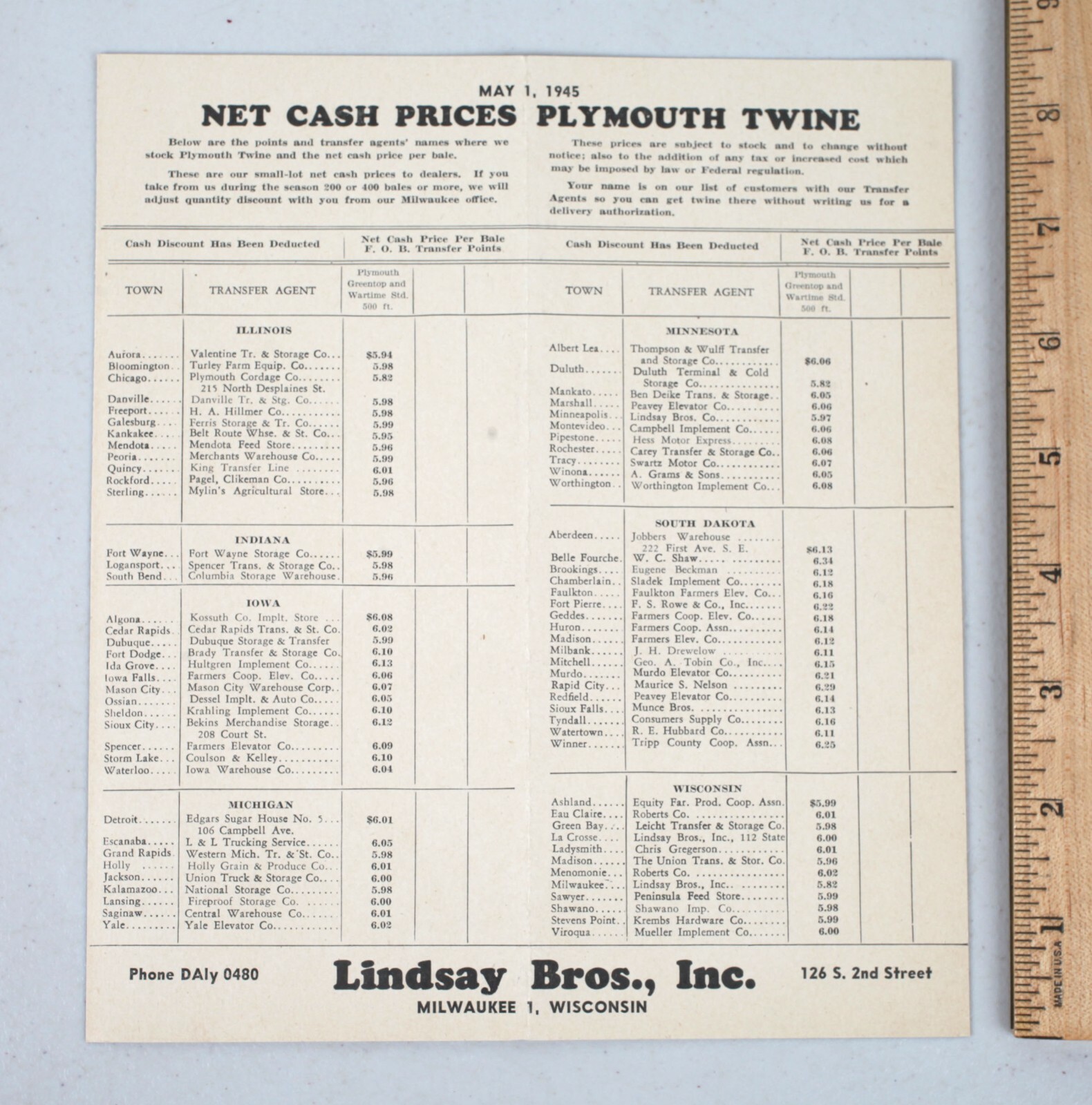 Vintage 1945 Plymouth Twine Price List Lindsay Brothers Milwaukee Wisconsin