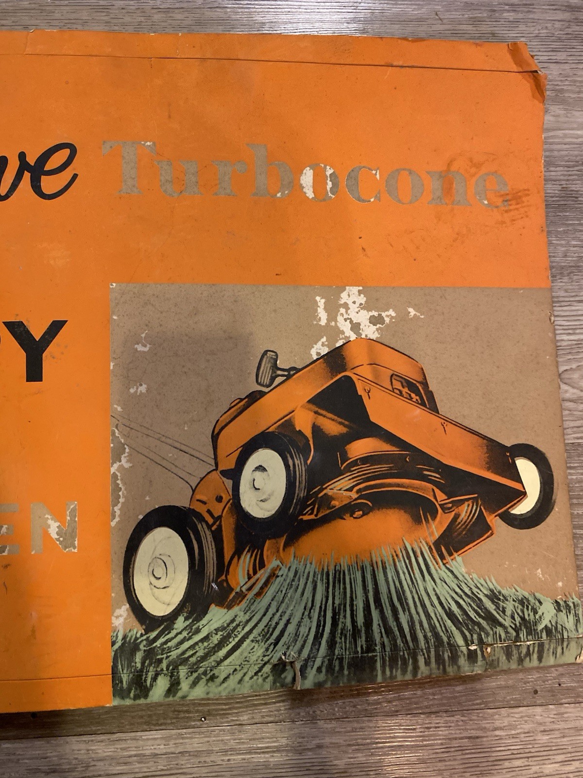 Vintage Jacobsen Mower Turbocone Rotary Advertising Sign Orange Black 24&Prime; x 17&Prime;
