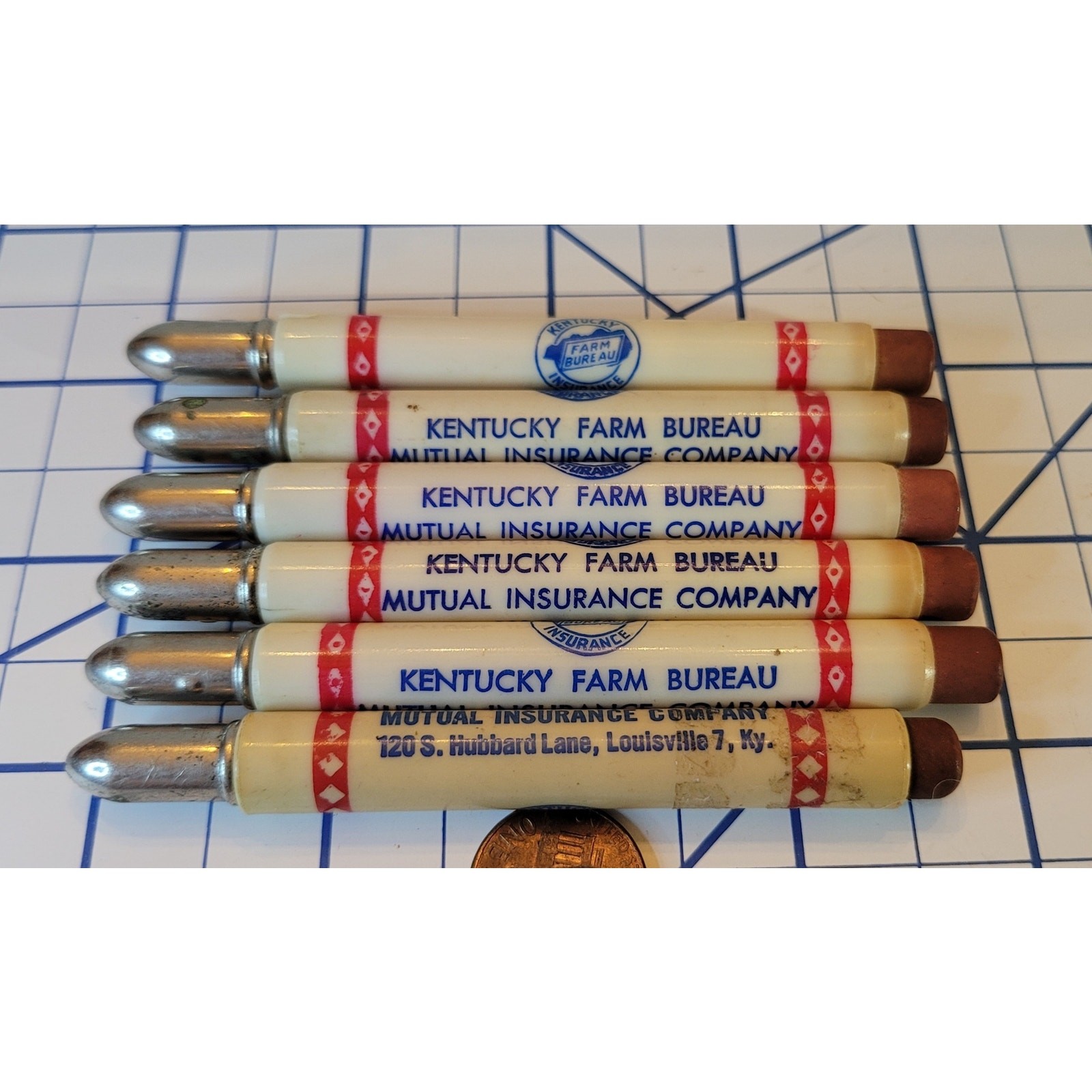 6 Vintage Advertising Bullet Pencils, Kentucky Farm Bureau Mutual Insurance Co