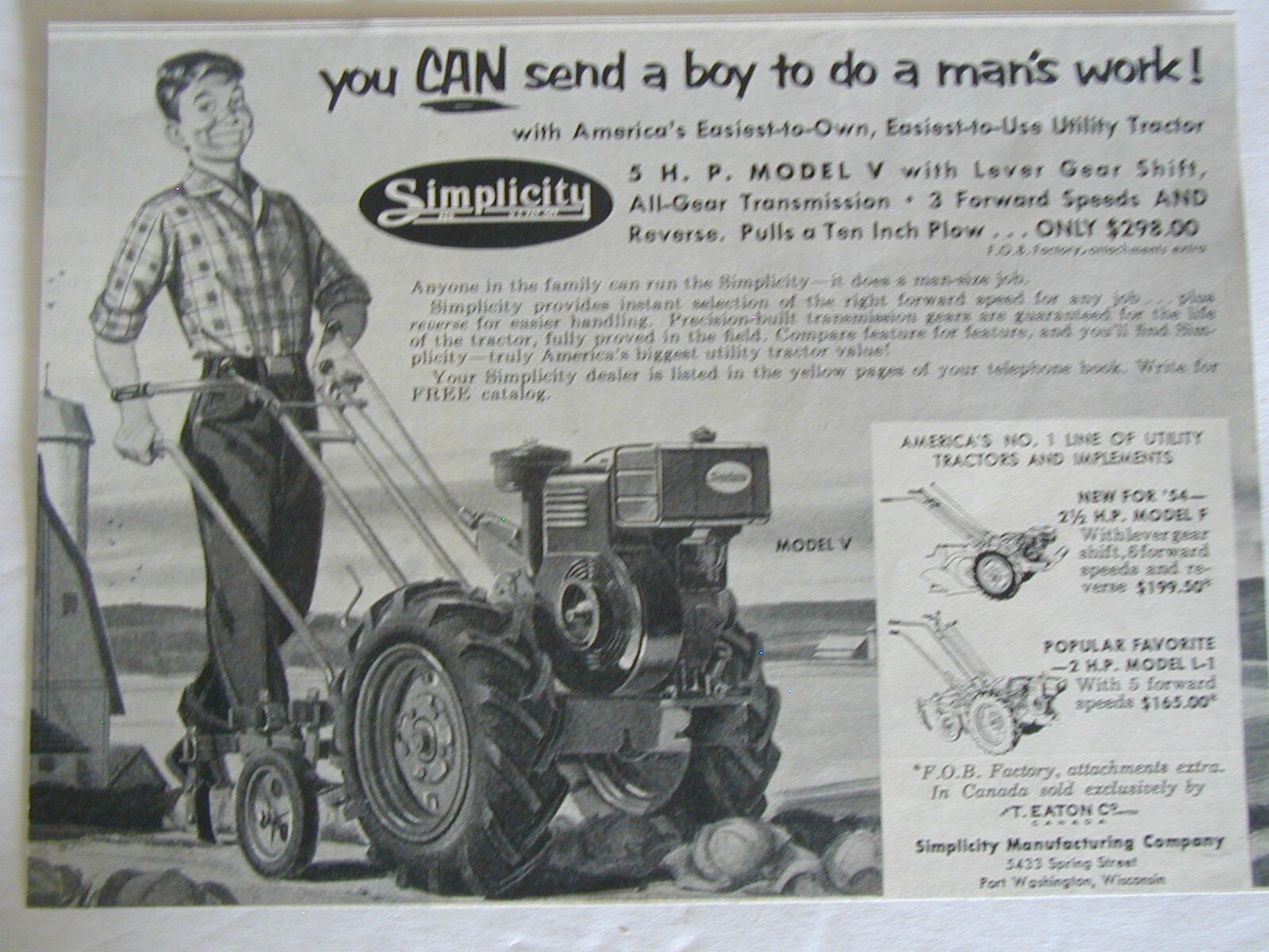 1954 SIMPLICITY ROTO TILLER YOU CAN SEND A BOY TO DO WORK VINTAGE PRINT AD 48