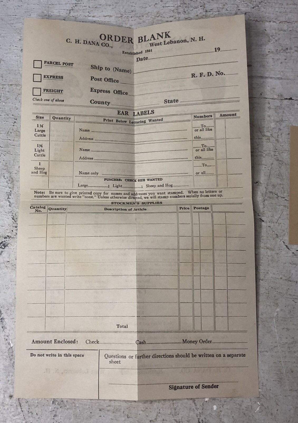 Vintage CH Dana Company Livestock Labels Order Sheet & Return Envelope NH
