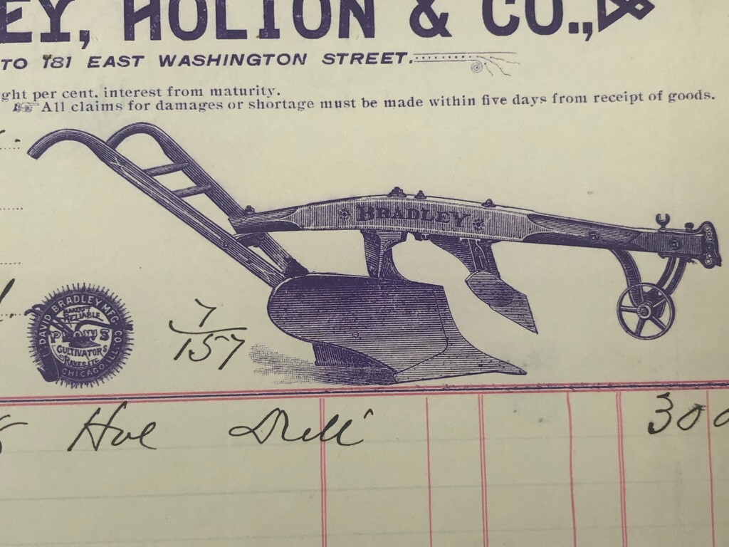 1890s BRADLEY HOLTON Co PLOW Receipt FARM Advertising INDIANA Billhead