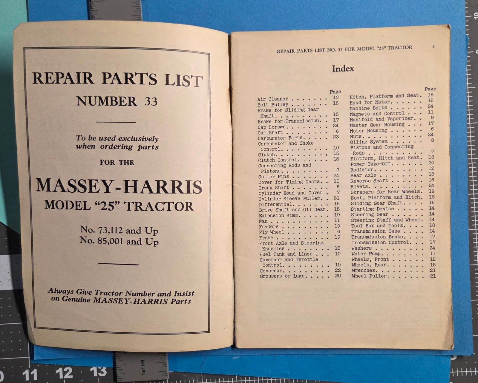 Vintage Massey Harris Model 25 Tractor Manual Parts List Catalog 1940