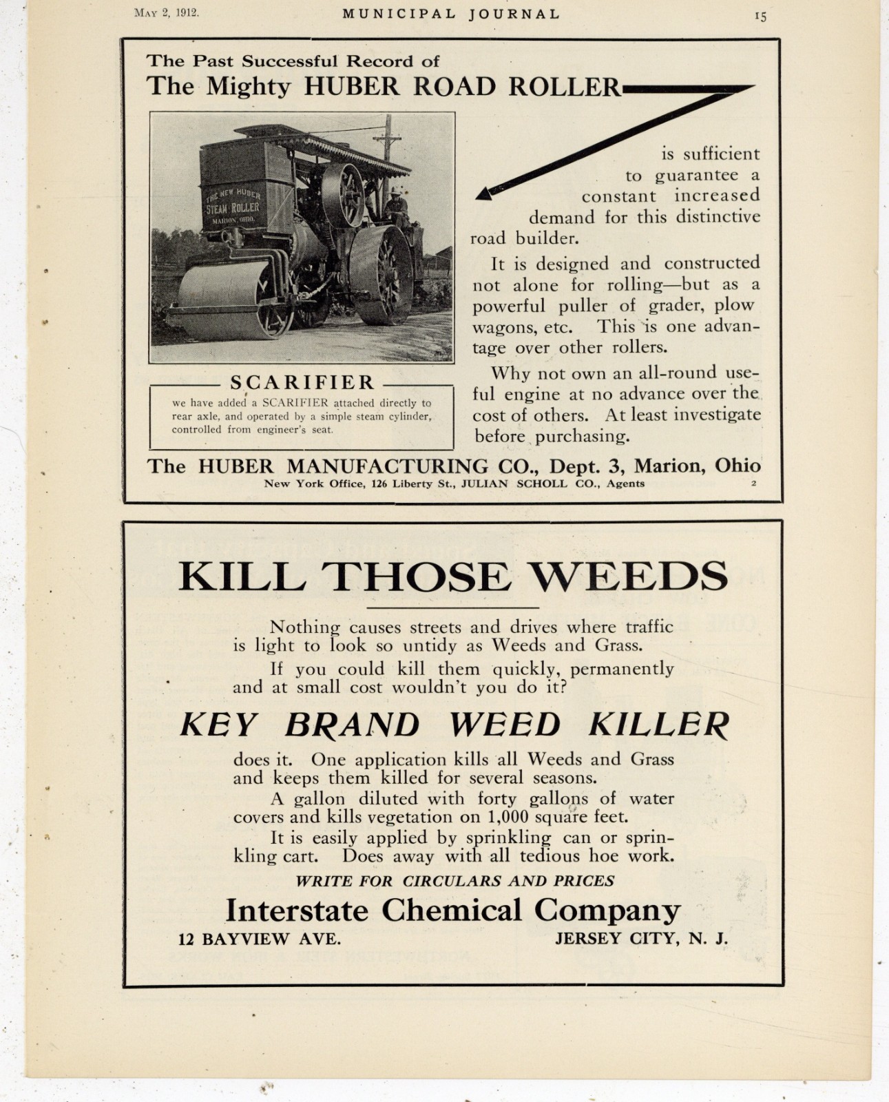 1912 Ads F&B of PG: Huber Steam Road Roller, Marion, OhiO & Bucyrus Excavator