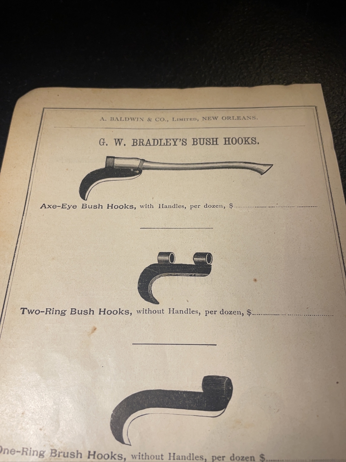 1891 Baldwin – G.W. Bradley’s Bush Hooks – Farm Advertising – New Orleans