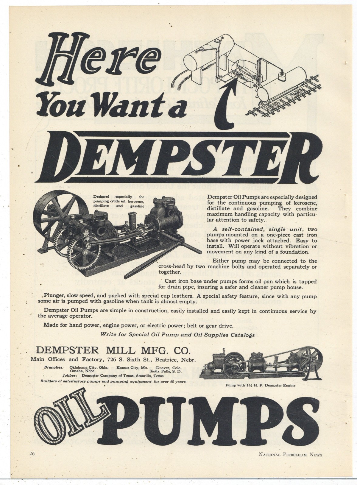 1924 Dempster Mill Mfg. Co. of Beatrice Nebraska Ad: Oil Field Crude Oil Pumps