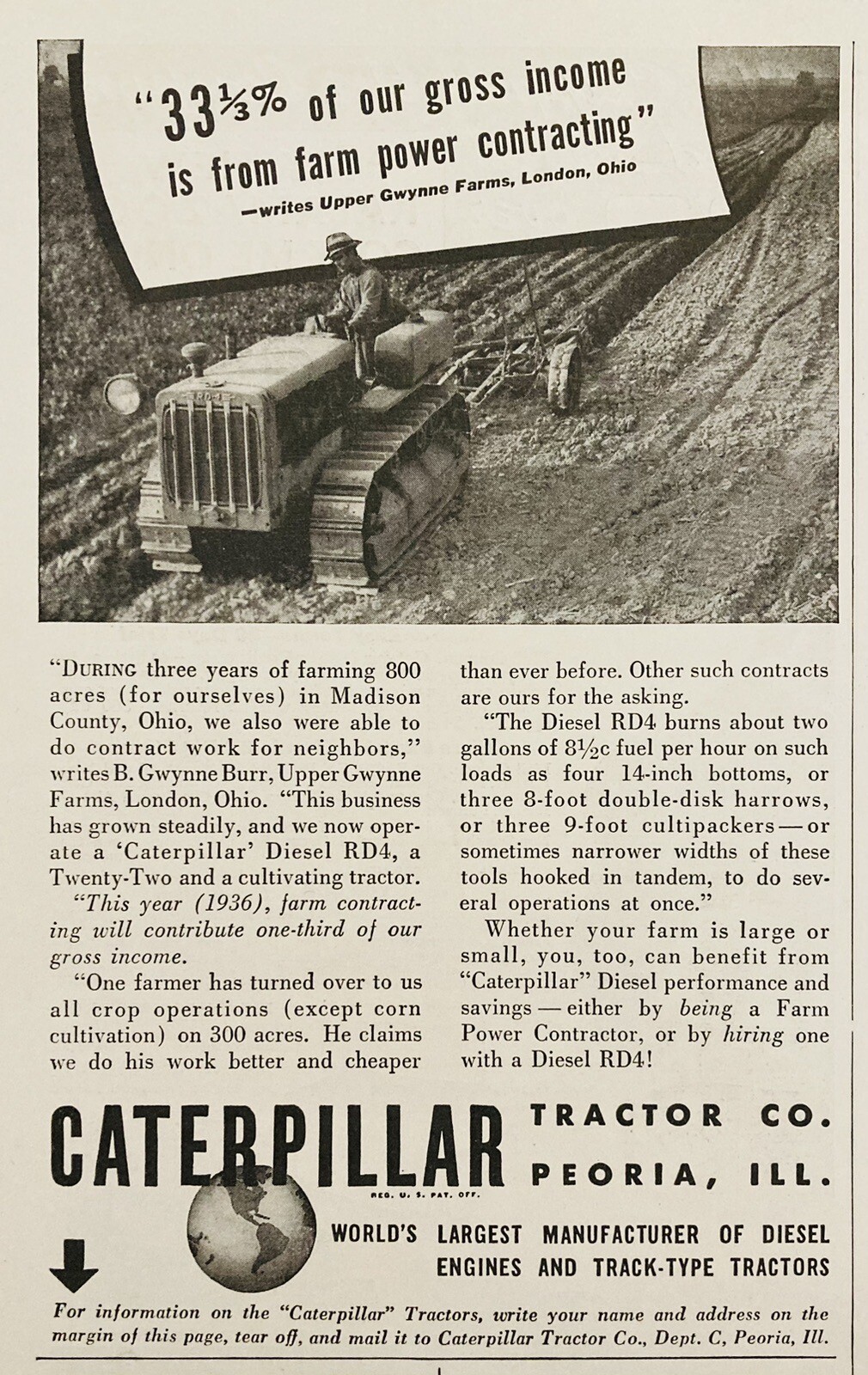 1937 AD.(XH75)~CATERPILLAR TRACTOR CO. PEORIA, ILL. CAT DIESEL RD4 TRACTOR