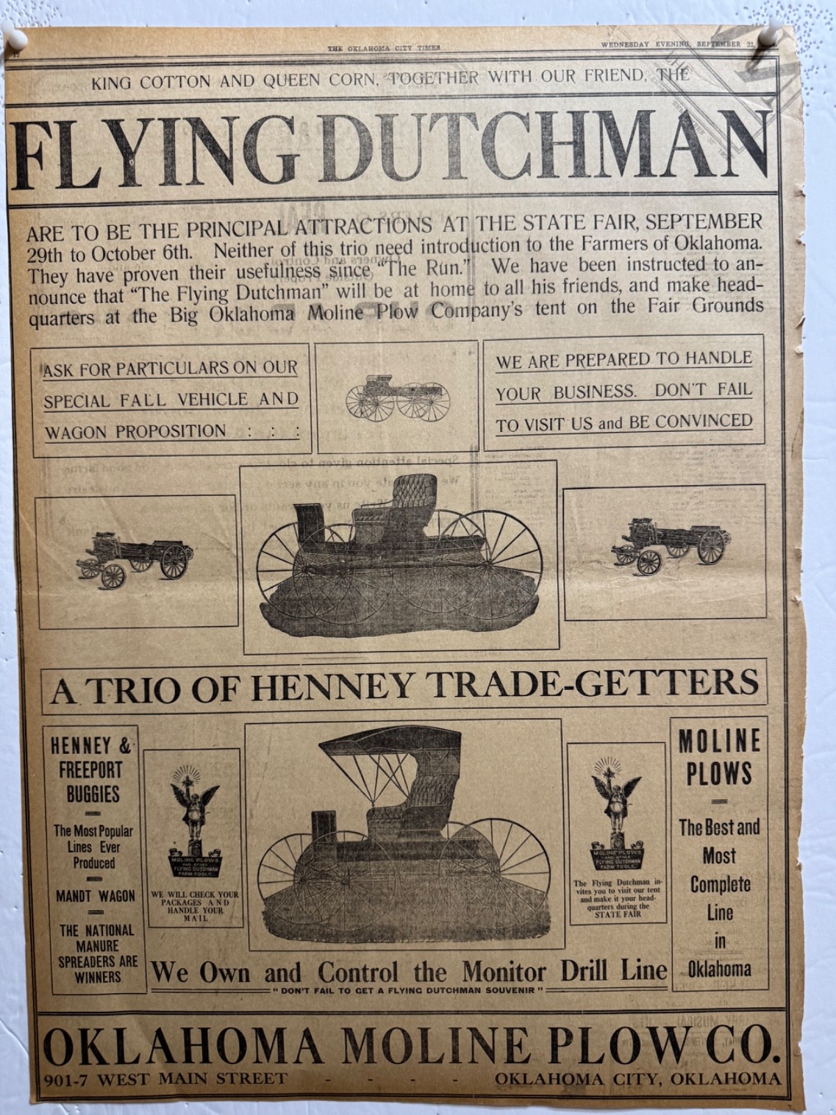 1909 OKLAHOMA MOLINE PLOW CO. NEWSPAPER AD FREE SHIPPING
