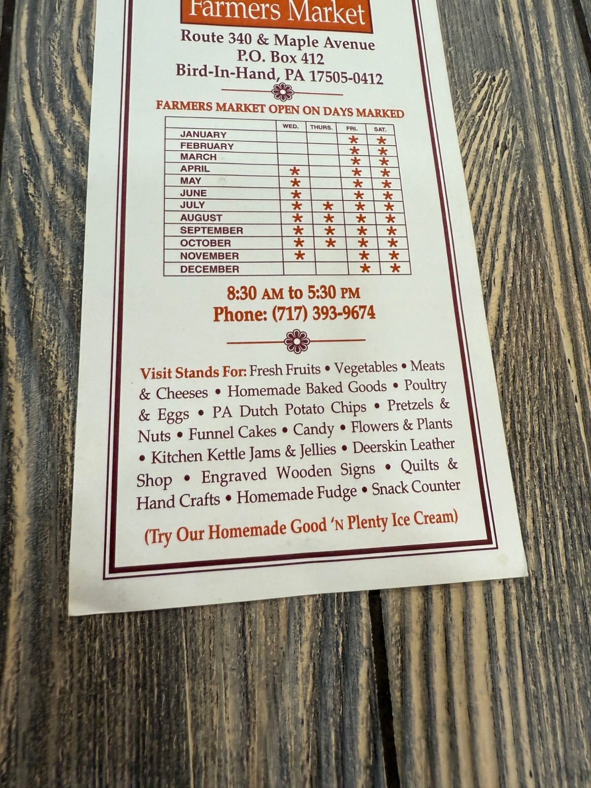 Bird-In-Hand Farmers Market Brochure With Market Days & Vendor Information