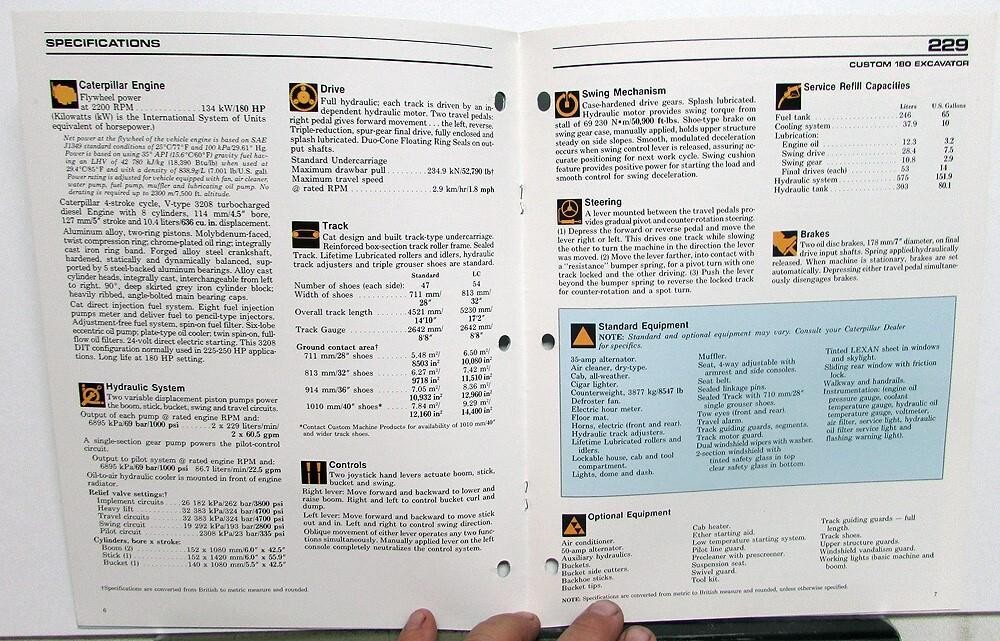 1988 Caterpillar 229 Custom 180 Excavator Specification Construction Sale Folder