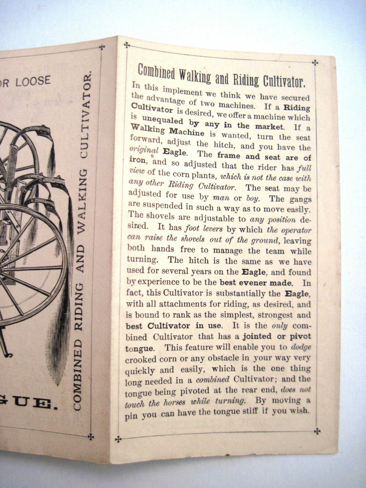 1880 Pull-Out Advertising Brochure for « Eagle Cultivator » w/ Great Pictures *