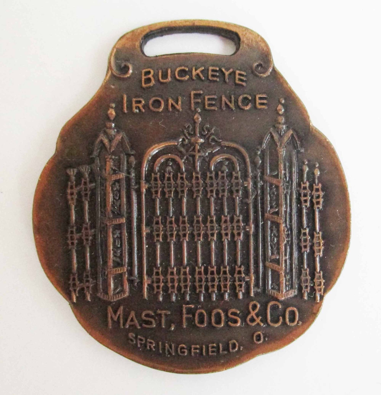 Vintage Advertising Watch Fob Buckeye Iron Fence Mast Foos Springfield, OH 1920s