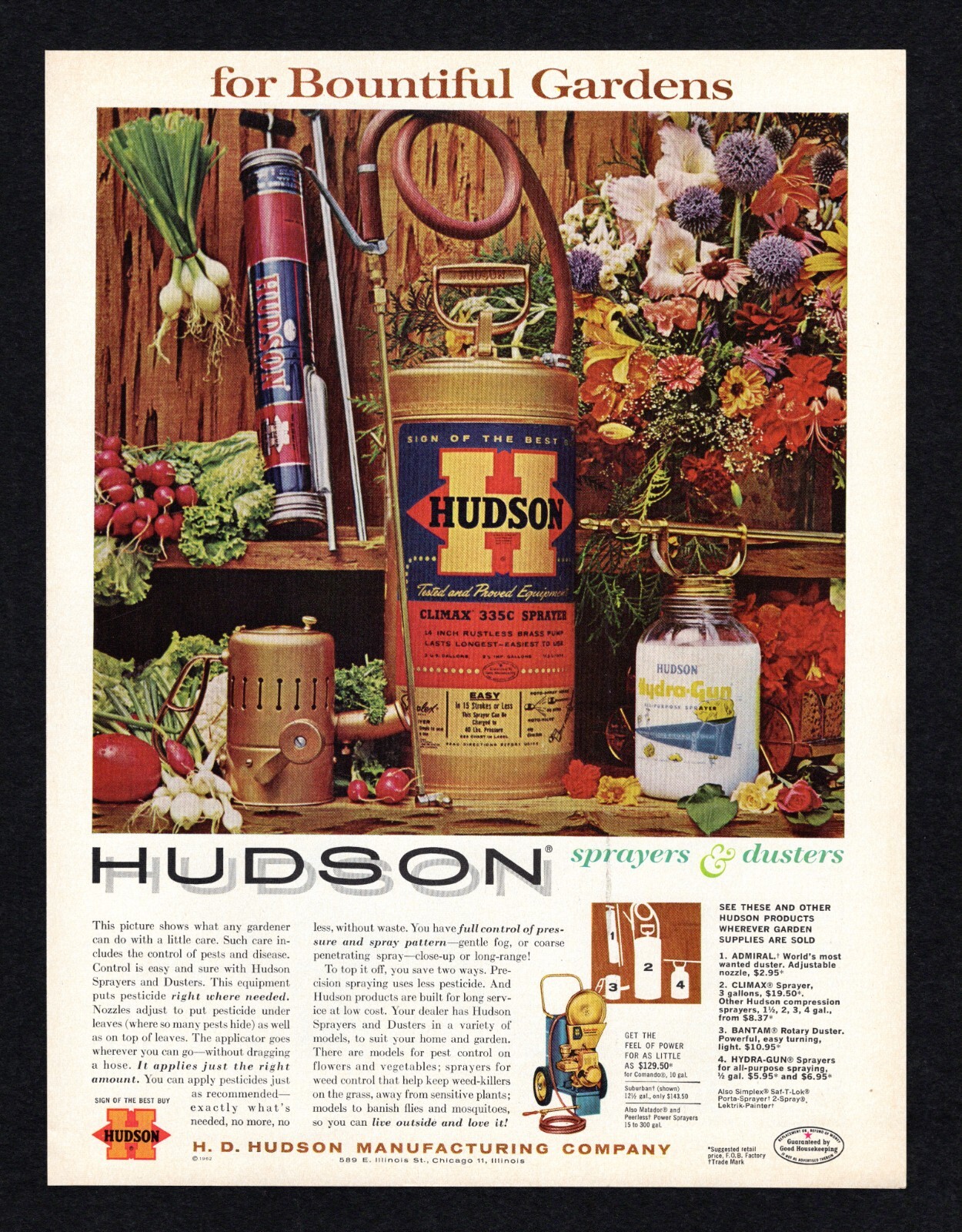 1962 H D Hudson Sprayer Duster Manufacturing Bountiful Garden Pesticide Print Ad