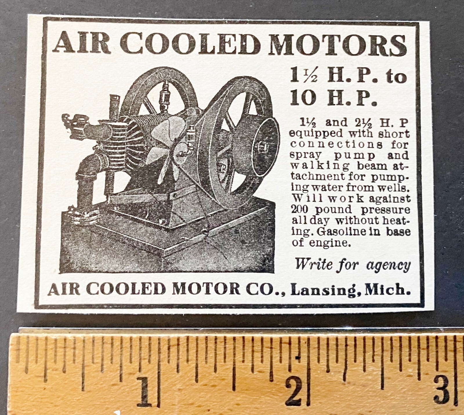 Antique 1910 AIR COOLED MOTOR CO Vtg Small Farm Engine Print Ad~Lansing,Michigan