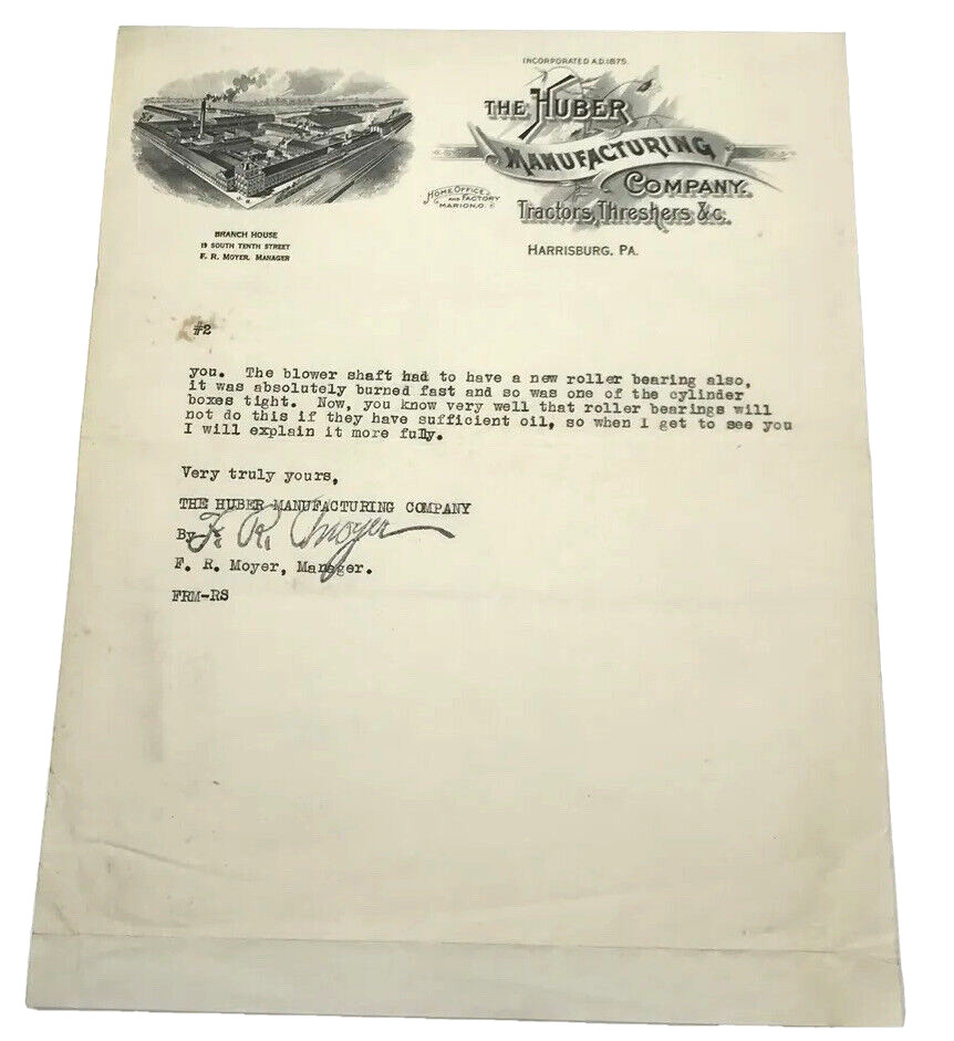 Antique The Huber Mfg Co Tractors Threshers Farming Letterhead Harrisburg PA