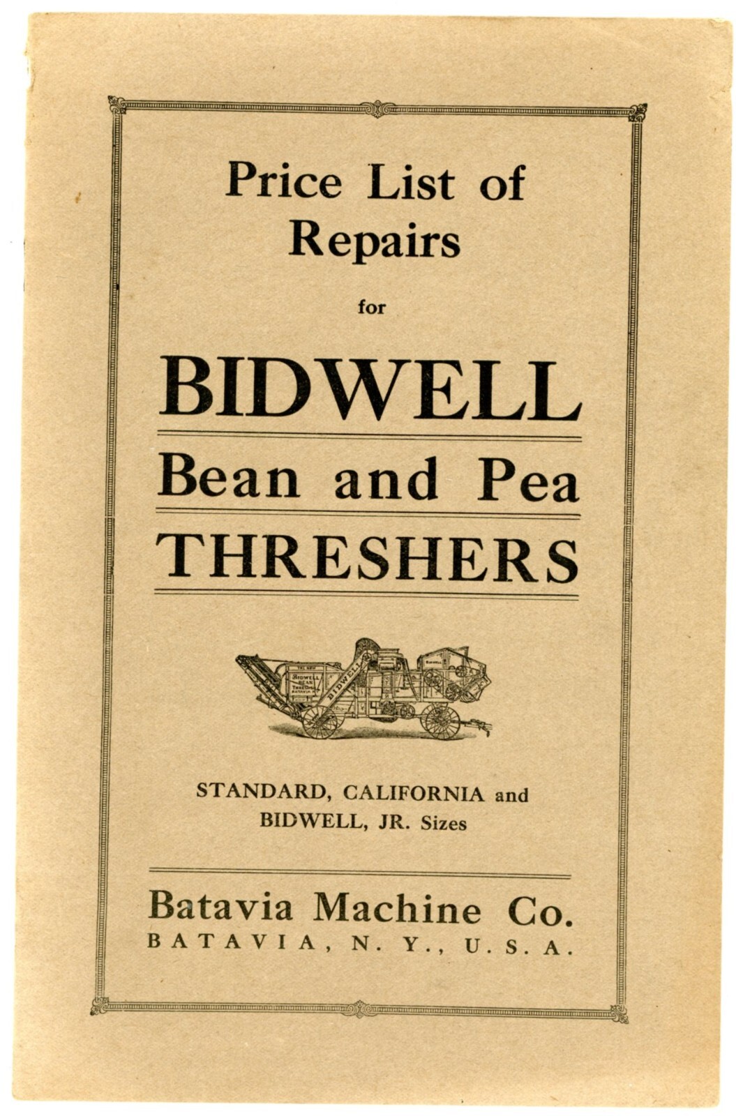 Bidwell Bean & Pea Thresher 1917 parts list Batavia Machine Co Batavia NY