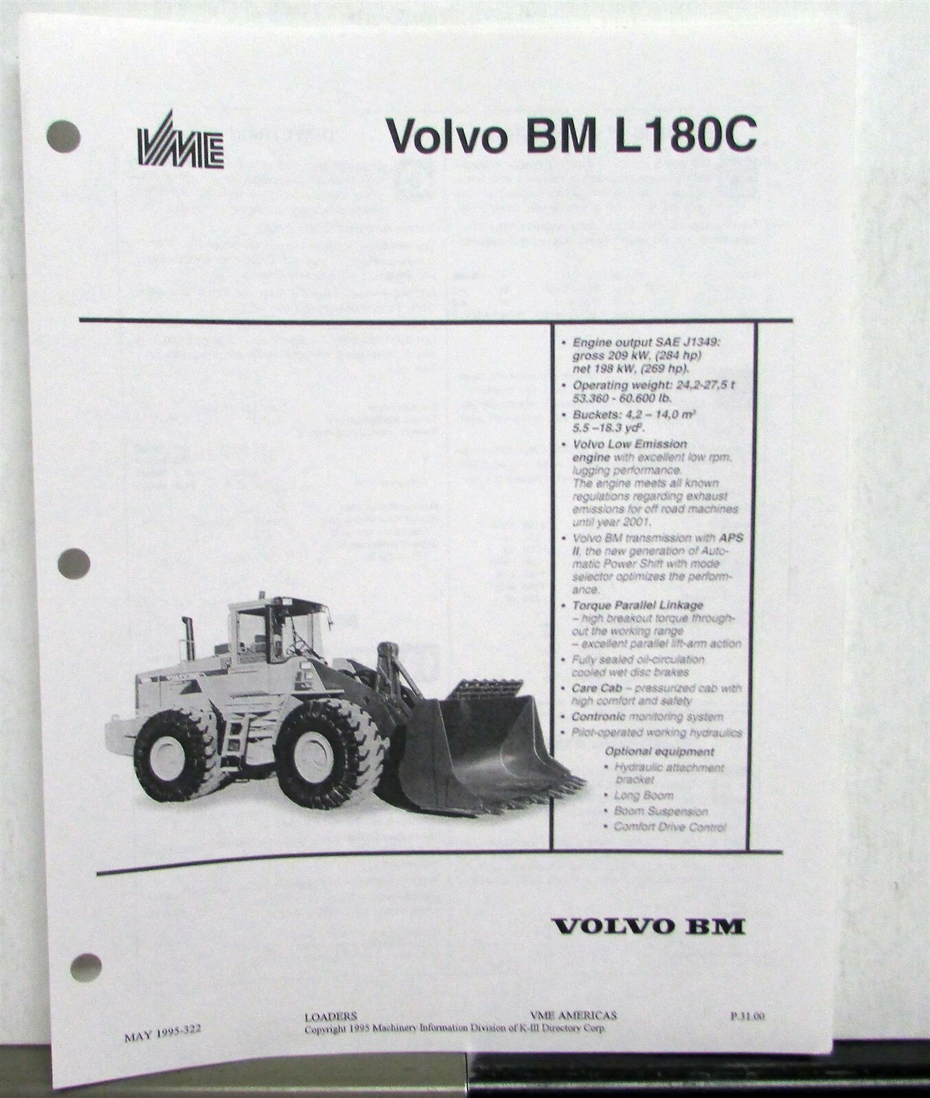 1995 VOLVO BM L180C Specifications Construction Sales Data Sheet