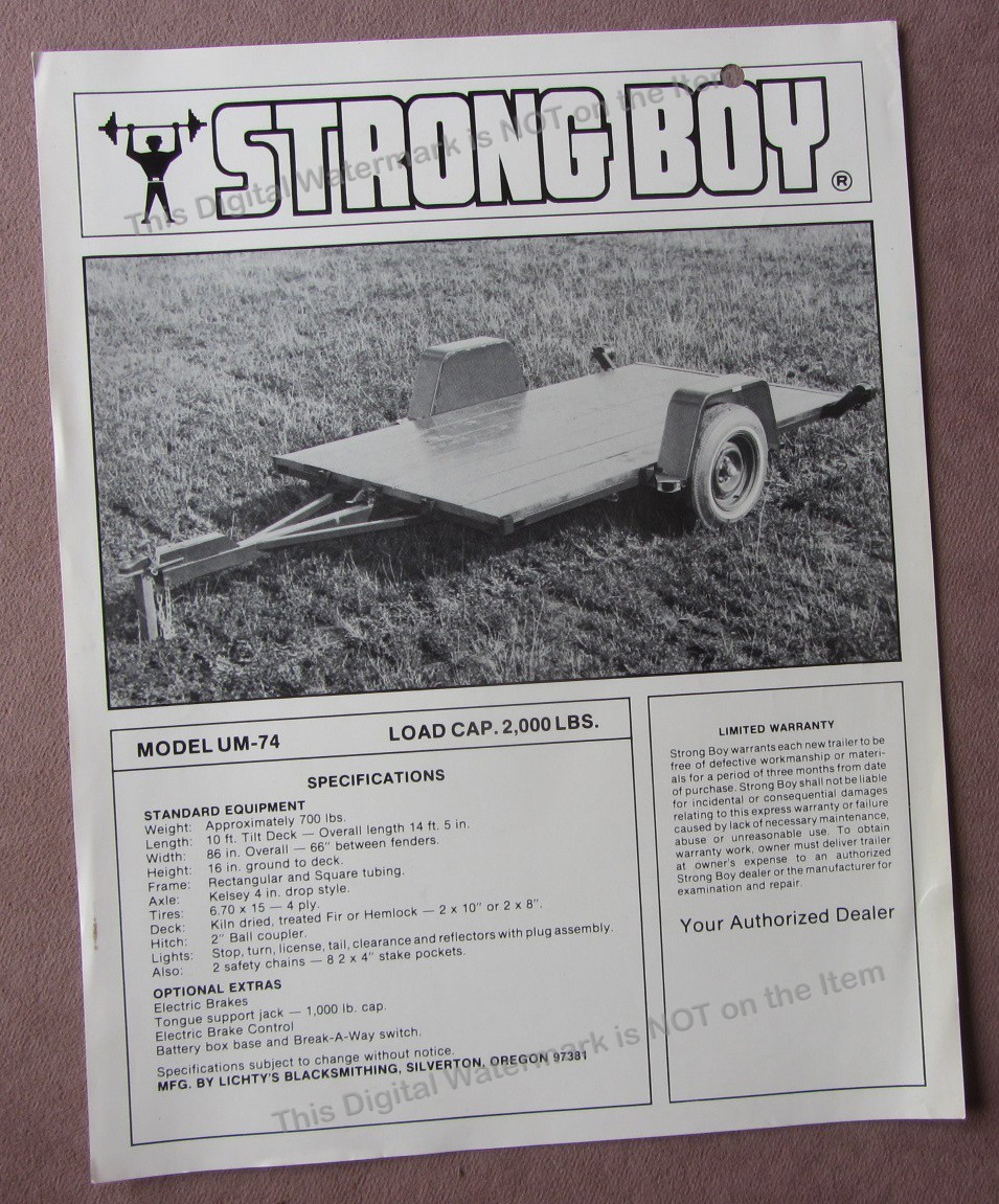 c1970s Strong Boy Trailer UM-74 Sales Brochure Specs Lichty’s Blacksmithing OR